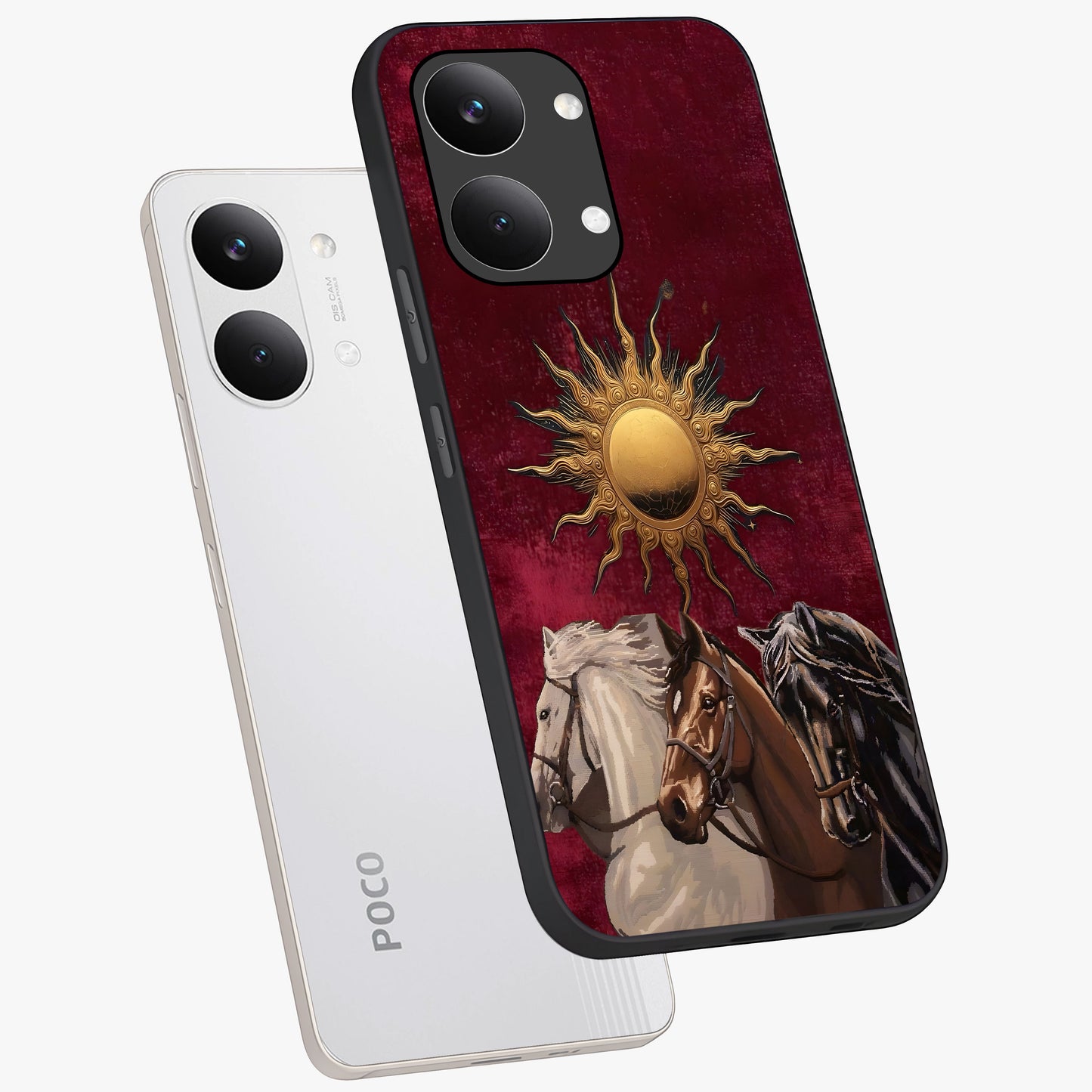 Solar Riders Glass Case displayed in angled mockup highlighting powerful rider illustration with radiant solar aesthetic.