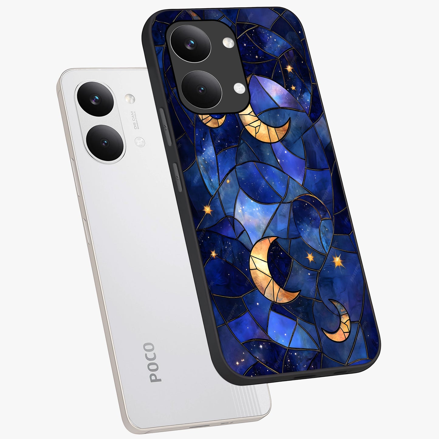 Starlit Sky Tapestry Glass Case displayed in angled mockup highlighting celestial night pattern with artistic aesthetic style.