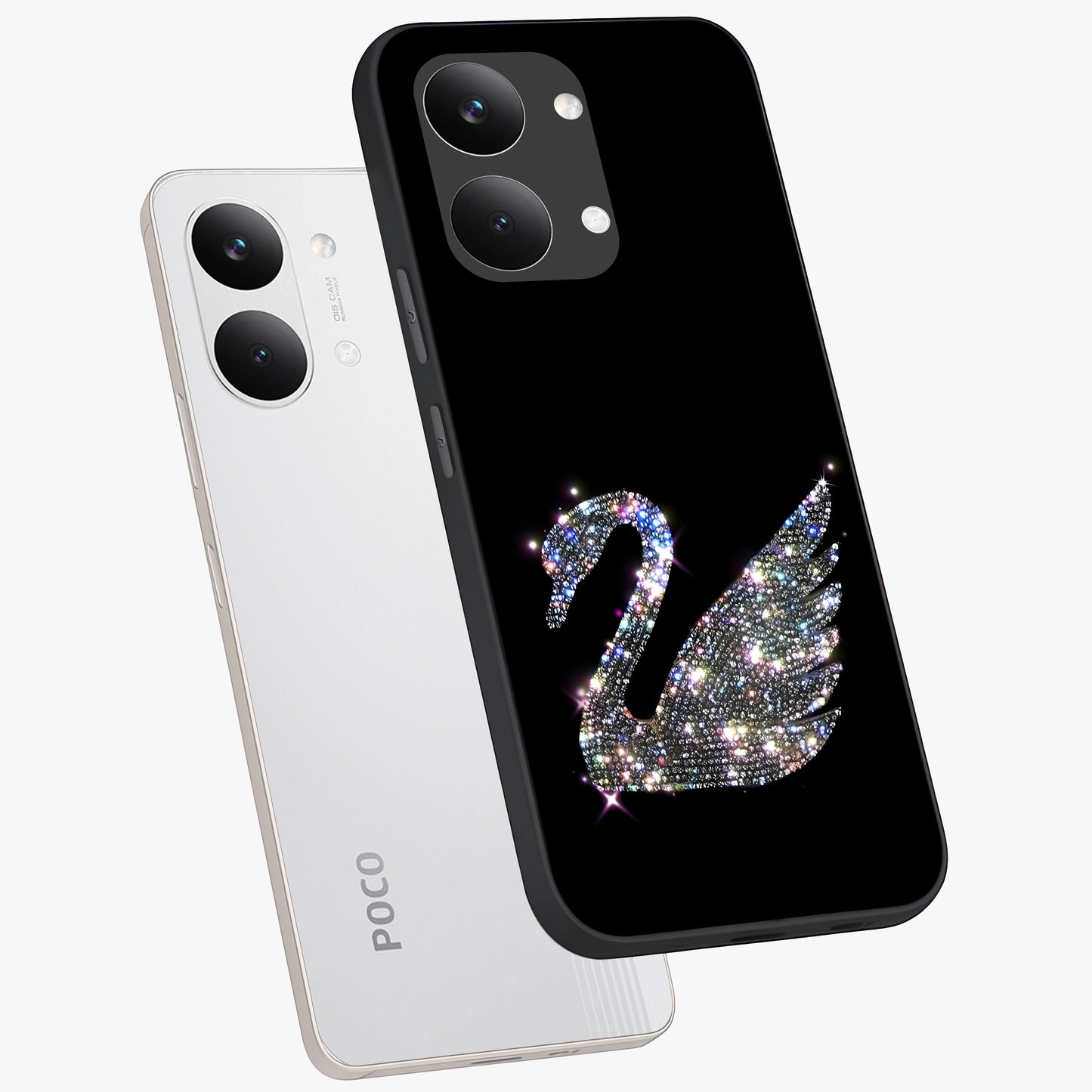 Starlit Swan Grace Glass Case displayed in angled mockup highlighting elegant swan illustration with dreamy celestial aesthetic.