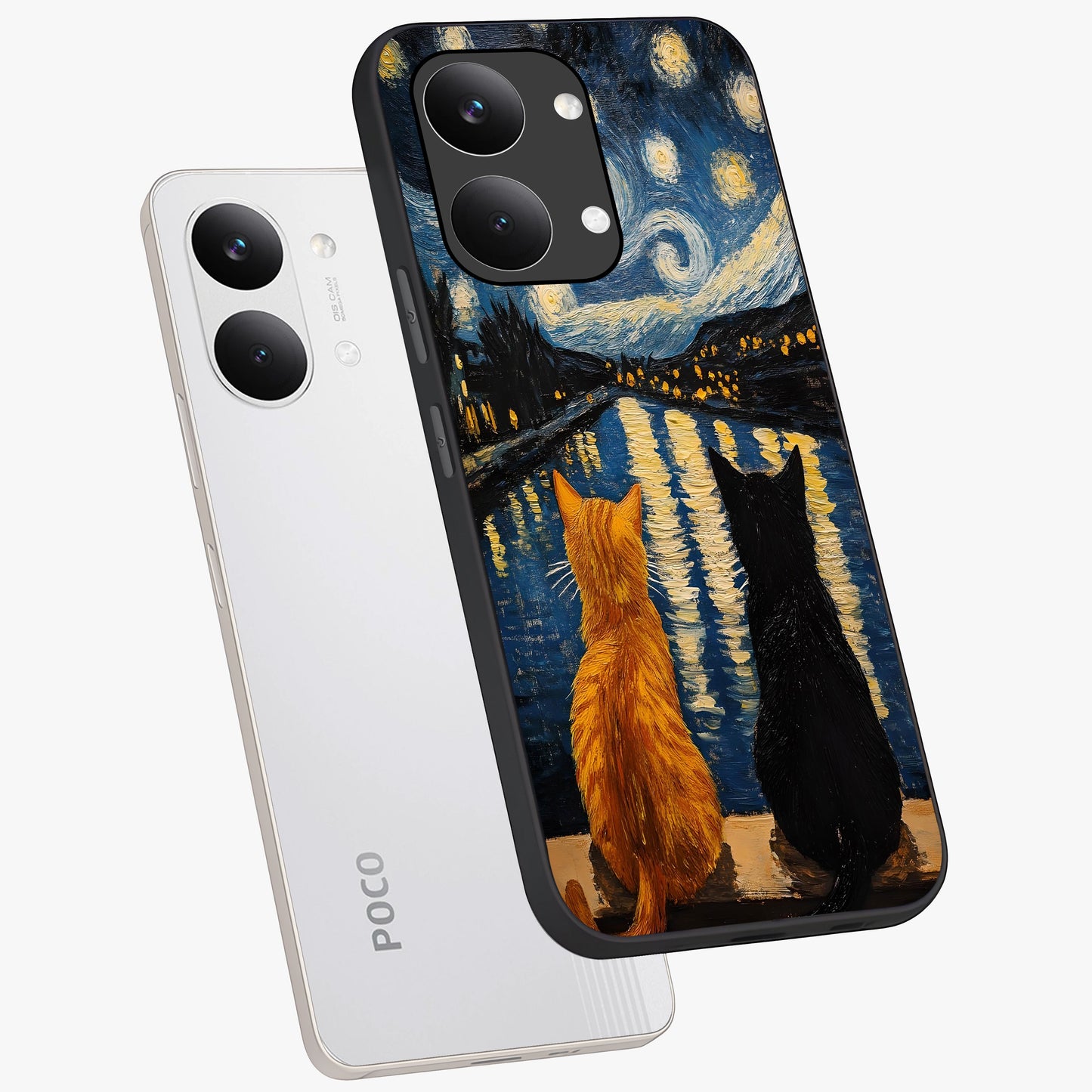 Starry River Cats Glass Case displayed in angled mockup highlighting charming feline illustration with dreamy night aesthetic.