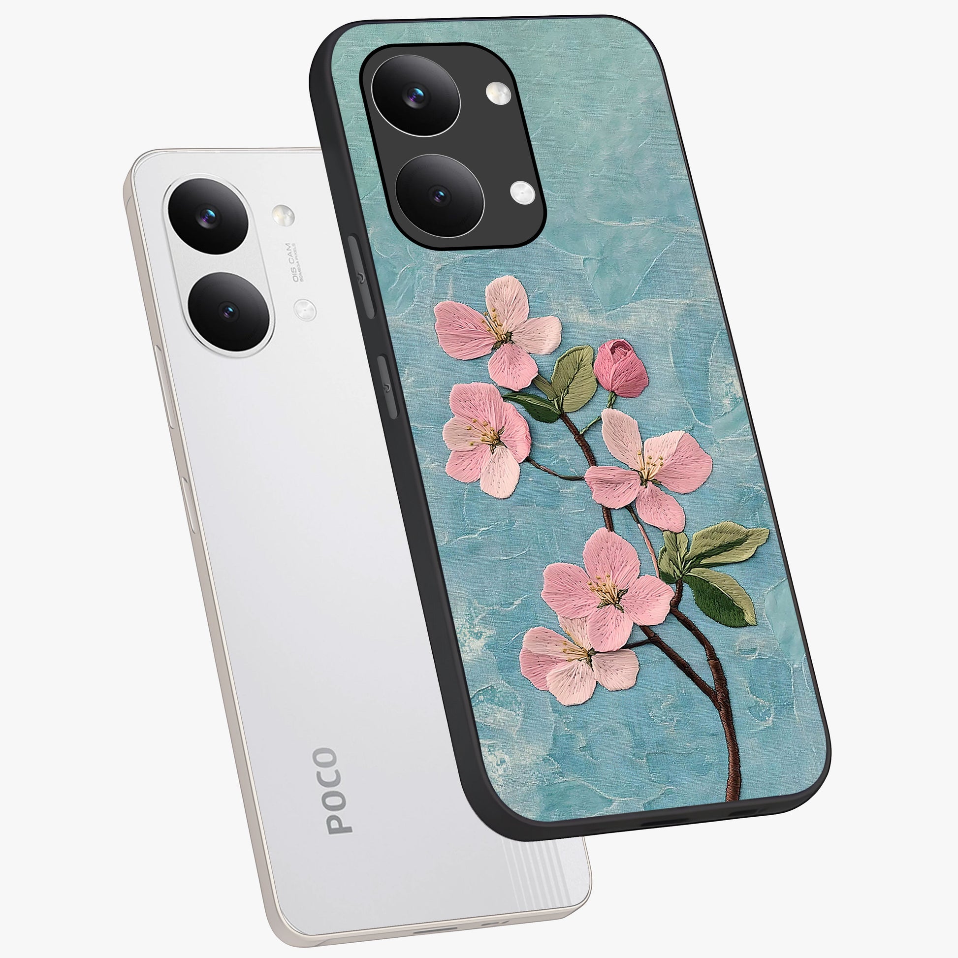 Threaded Blossom Breeze Glass Case displayed in angled mockup highlighting elegant floral design with soft aesthetic style.