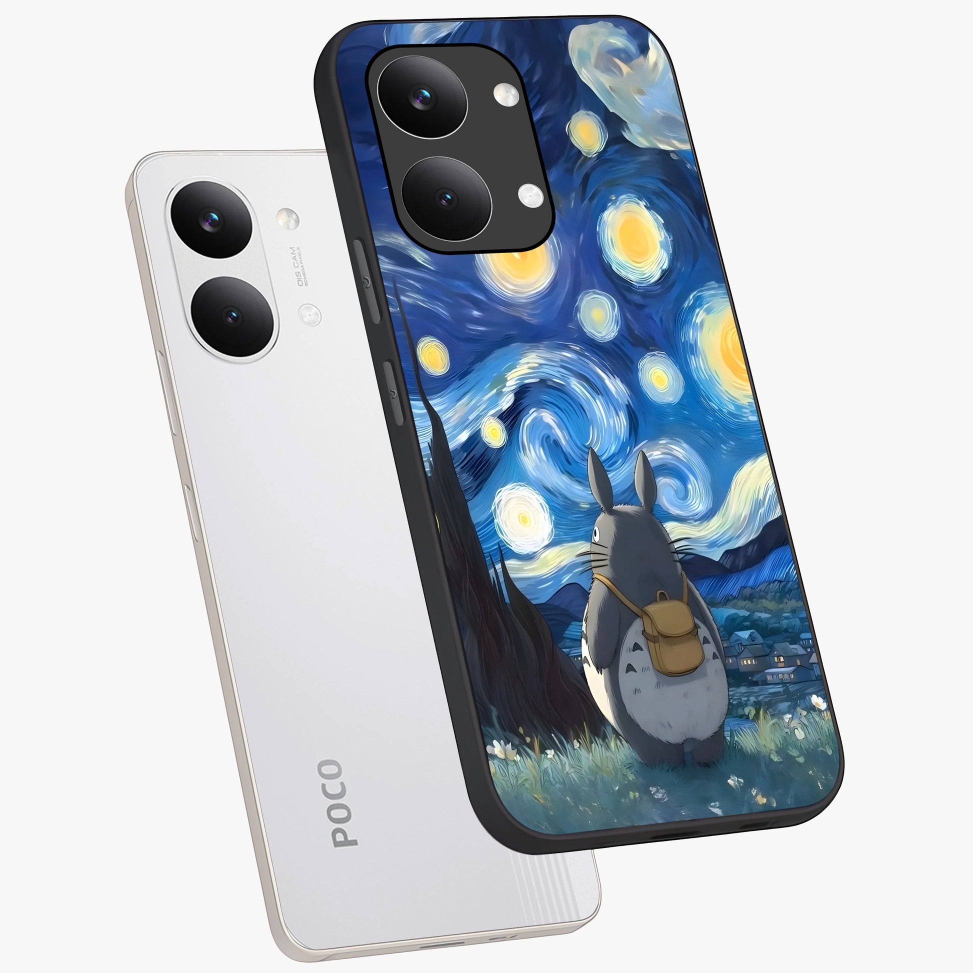 Totoro In Van Gogh Art Glass Case displayed in angled mockup highlighting artistic swirling sky design with playful animation aesthetic.