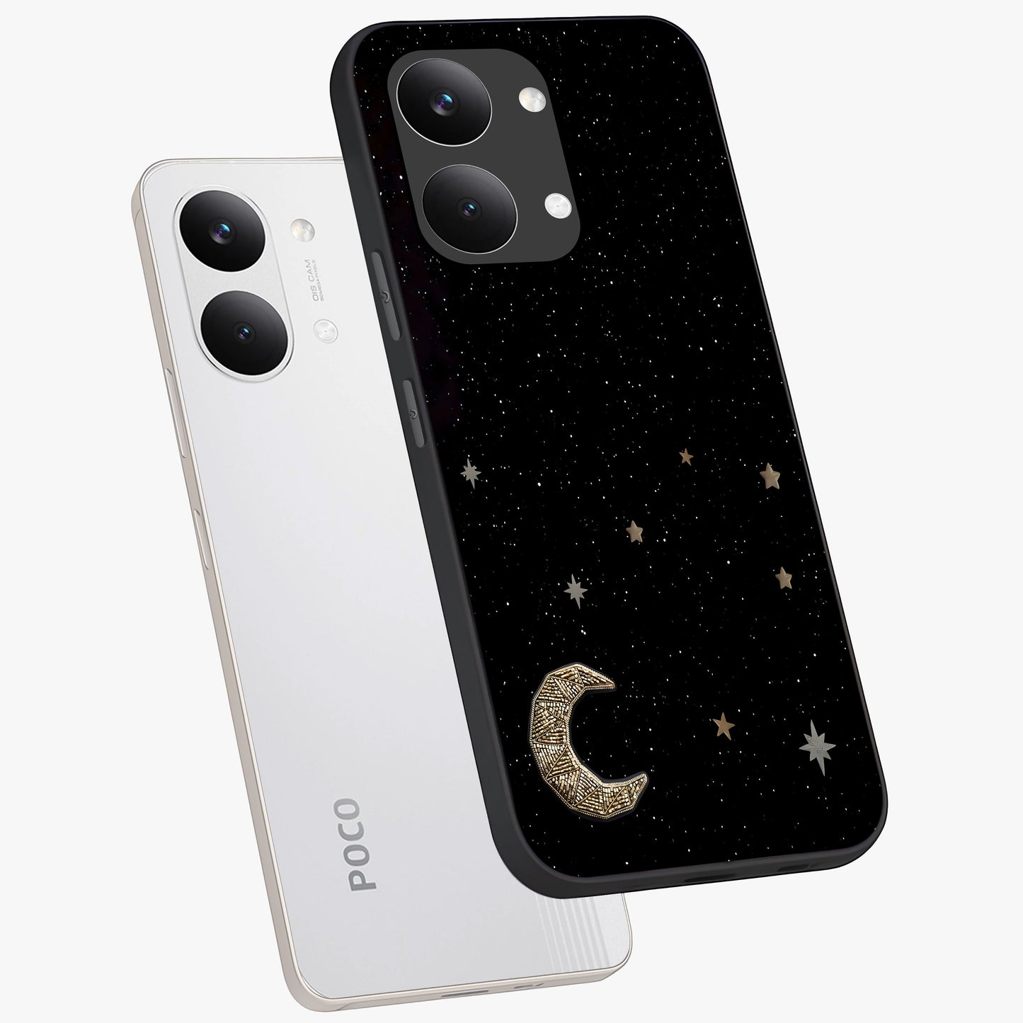Twinkle Star With Half Moon Glass Case displayed in angled mockup highlighting celestial moon and star design with magical aesthetic.