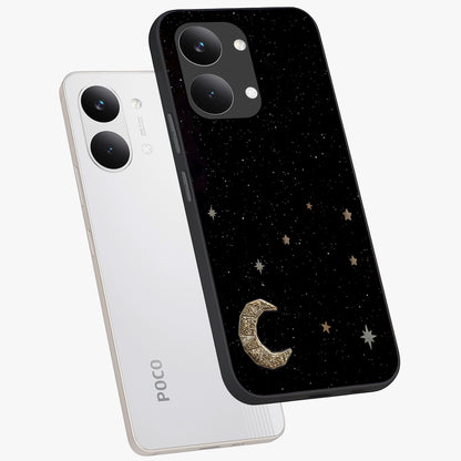 Twinkle Star With Half Moon Glass Case displayed in angled mockup highlighting celestial moon and star design with magical aesthetic.