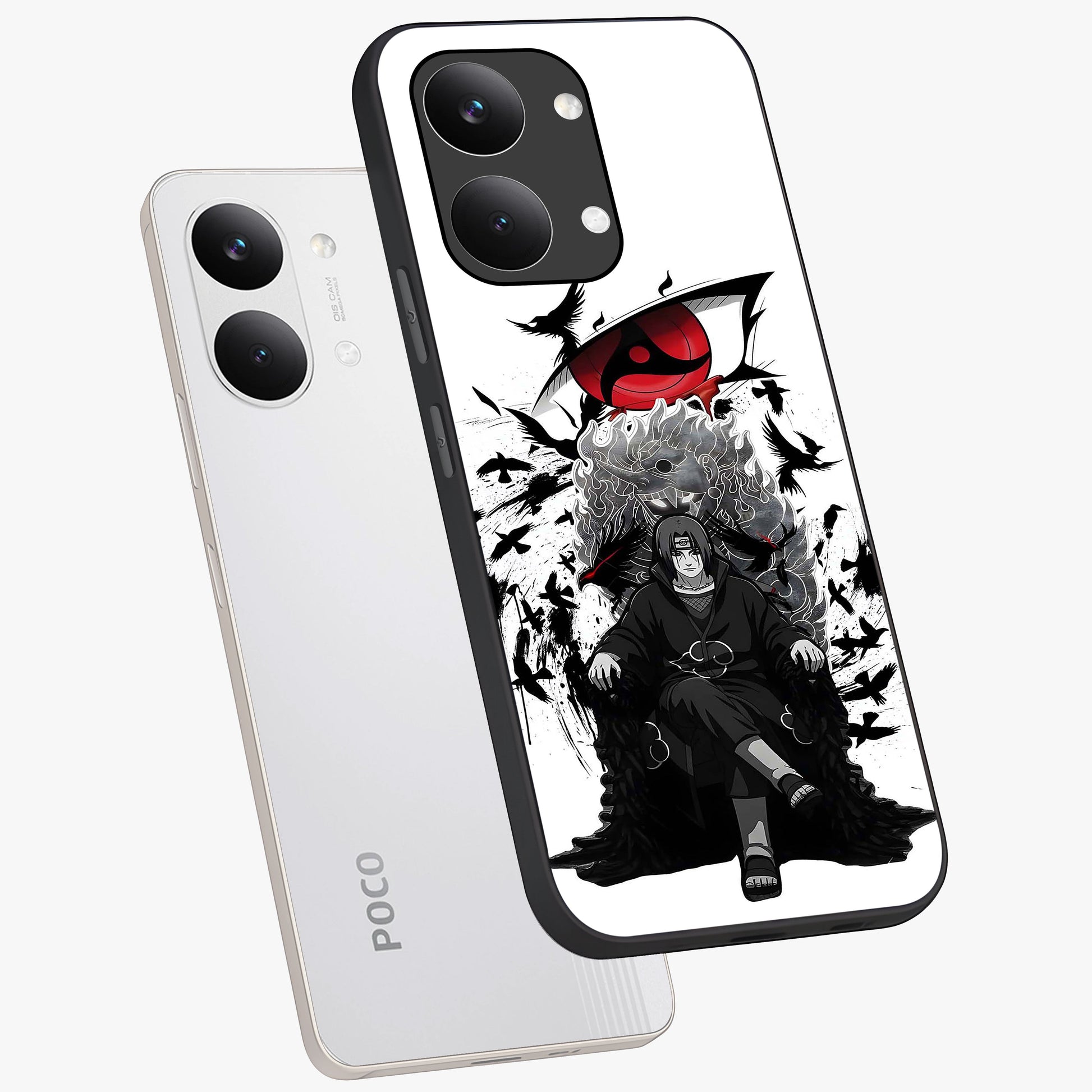 Uchiha Shadow Throne Glass Case displayed in angled mockup highlighting glowing aquatic design with celestial aesthetic.