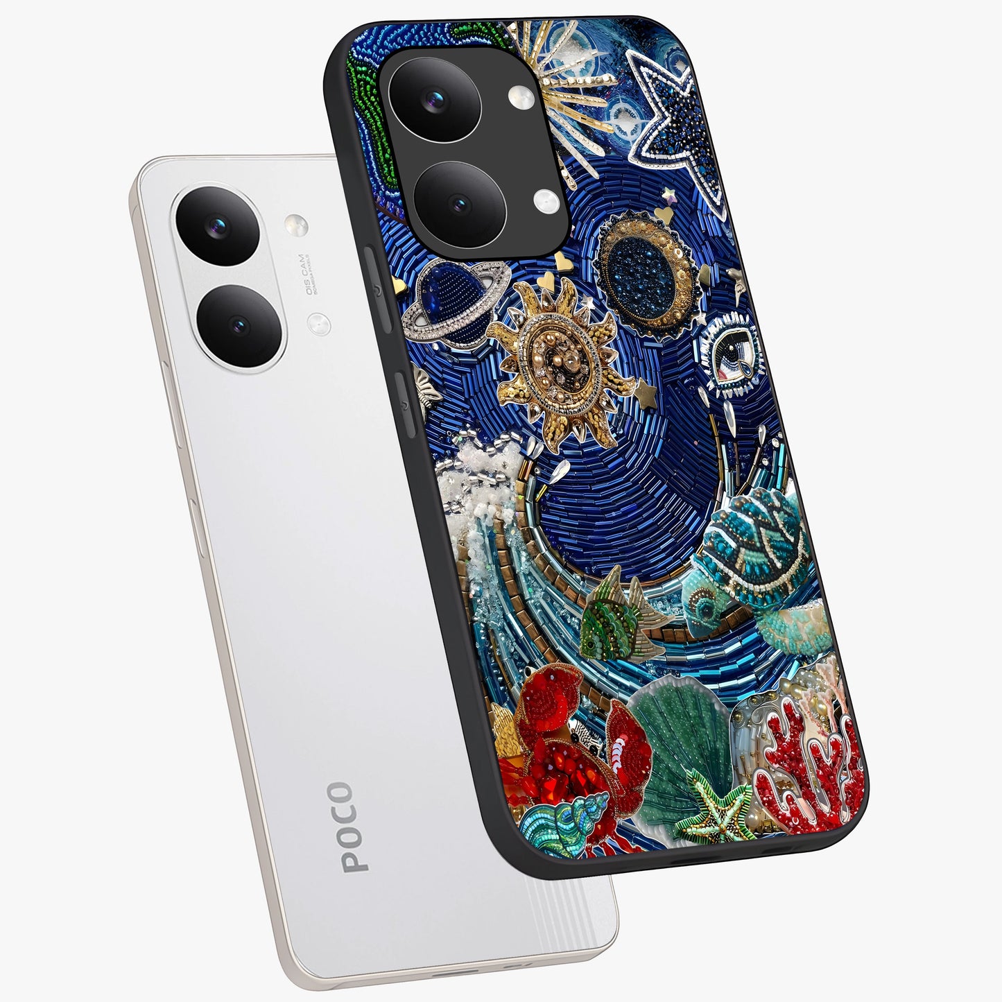 Universe Underwater Spark Glass Case displayed in angled mockup highlighting glowing aquatic design with celestial aesthetic.