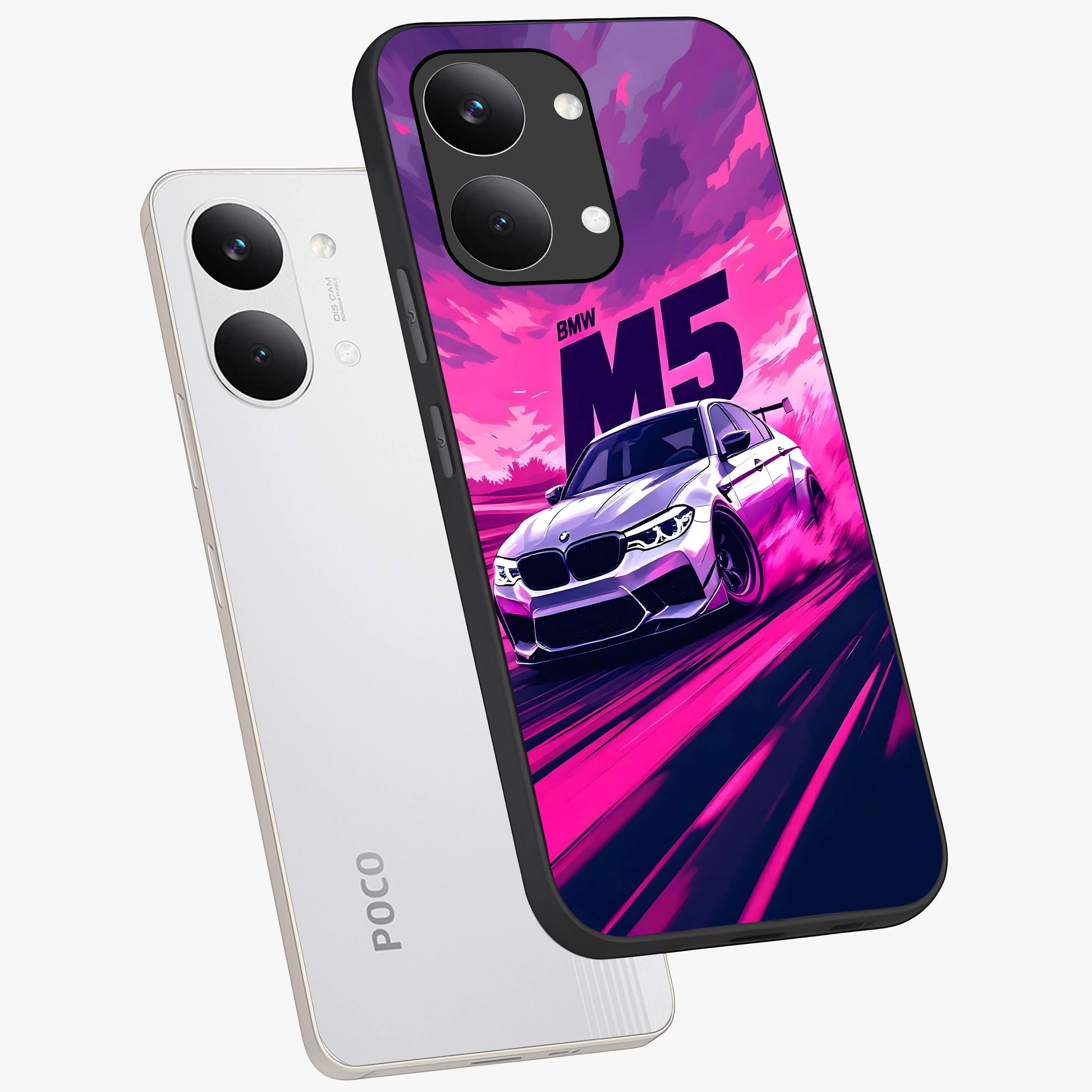 Velocity Drift Pulse Glass Case displayed in angled mockup highlighting dynamic drift design with sporty automotive aesthetic.