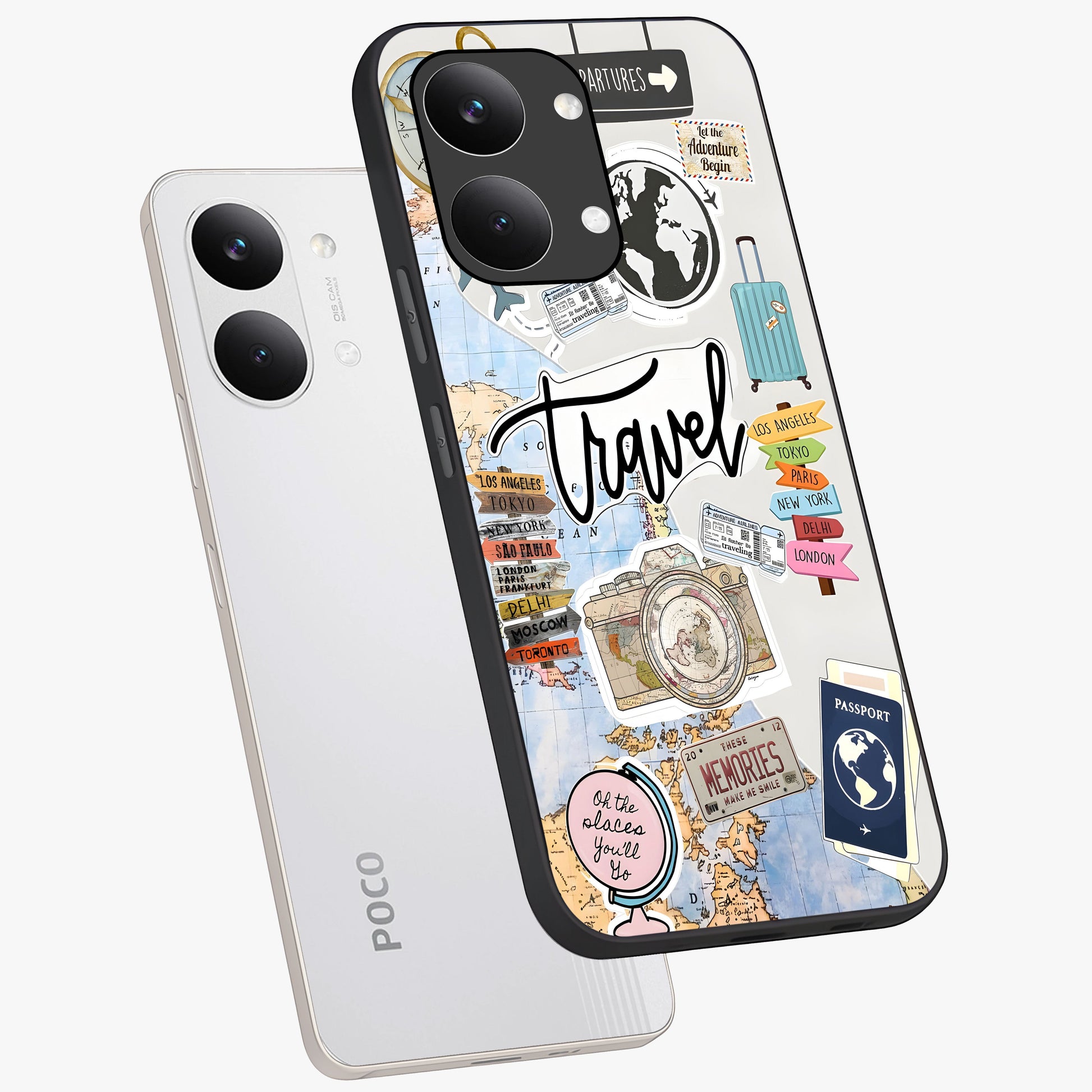Wanderlust Journal Glass Case displayed in angled mockup highlighting adventure themed design with aesthetic travel vibe.