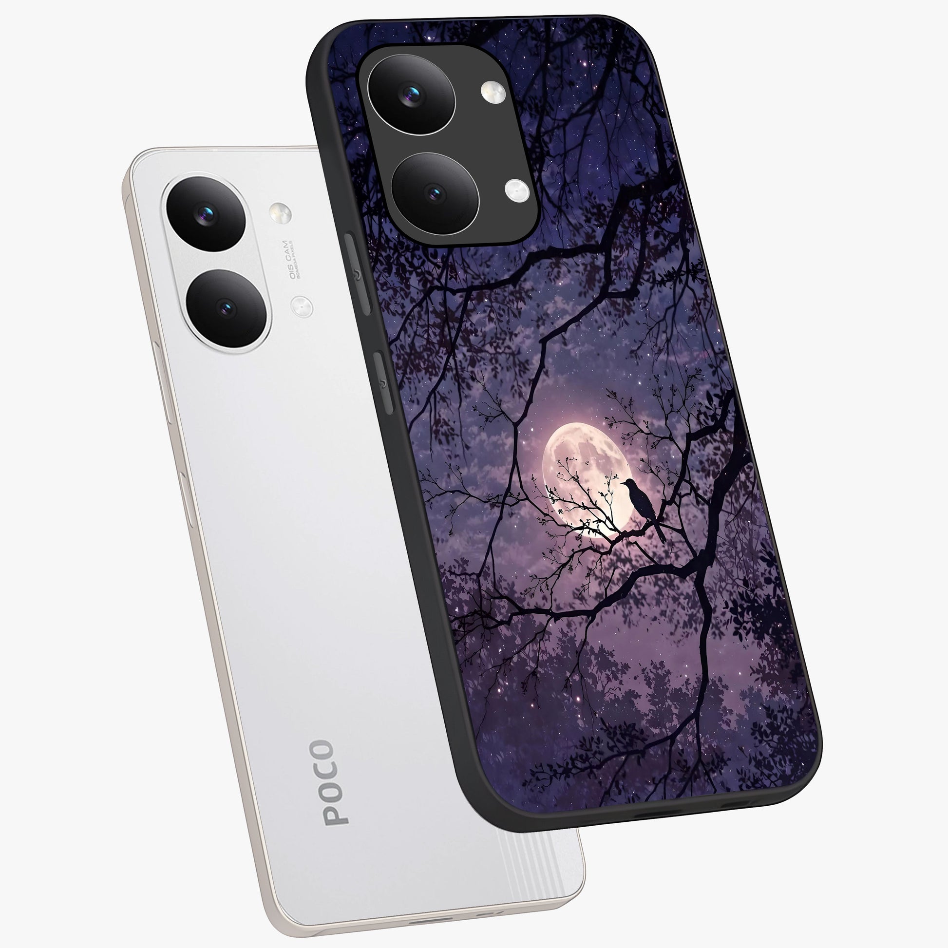 Whispering Moon Silence Glass Case displayed in angled mockup highlighting calm lunar design with dreamy night aesthetic.
