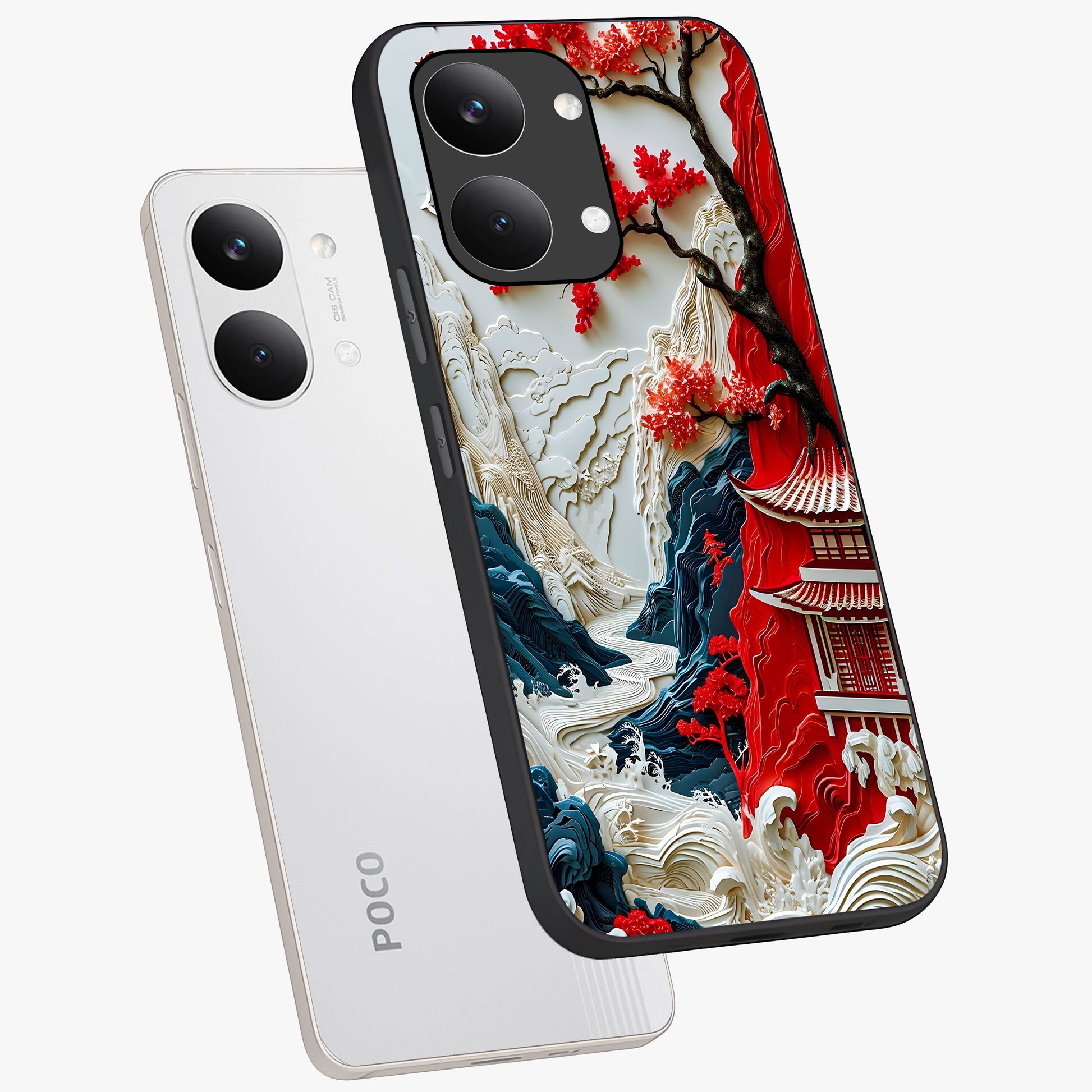 Whispers Of Sakura Waves Glass Case displayed in angled mockup highlighting flowing sakura design with soft floral aesthetic.