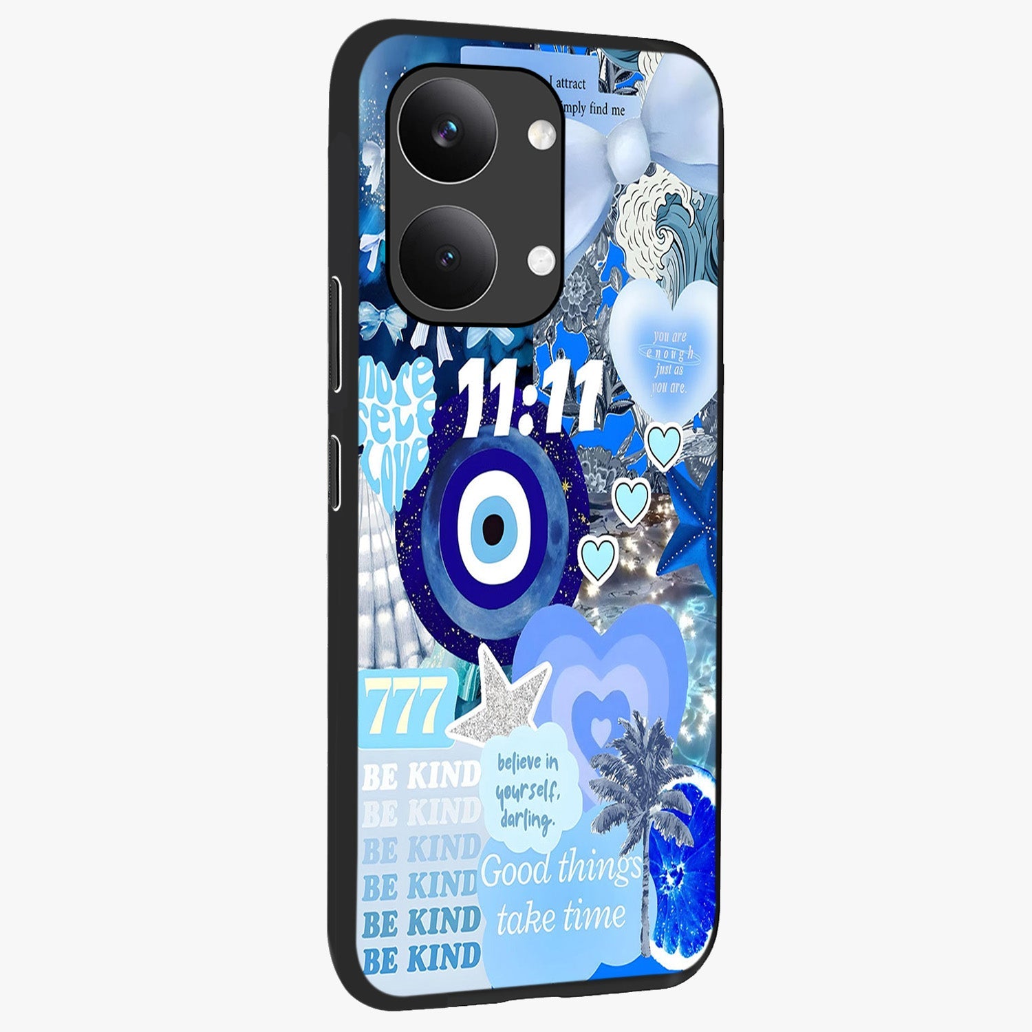 Aesthetic Be Kind Eye Glass Case upright view showcasing stylish eye illustration with positive message theme.