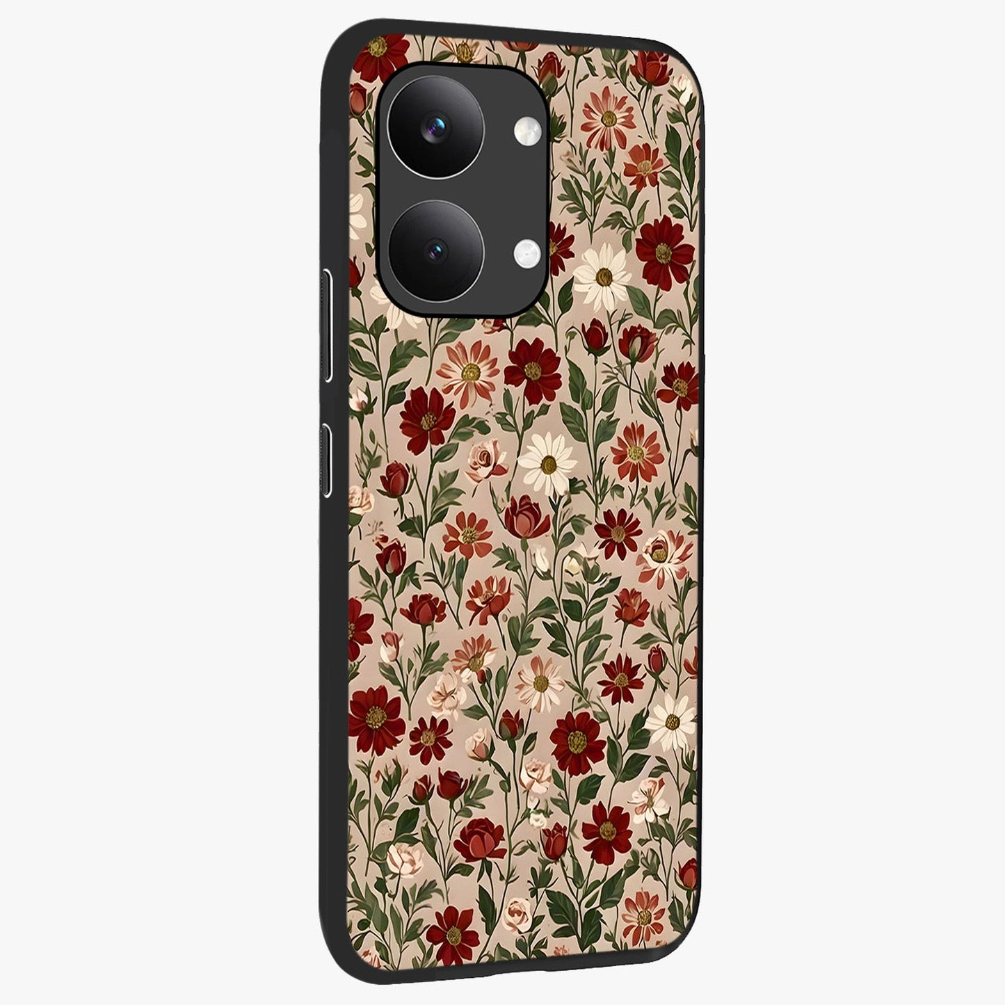 Biege Flower With Leaf Glass Case upright view showcasing delicate beige flower illustration with clean botanical style.