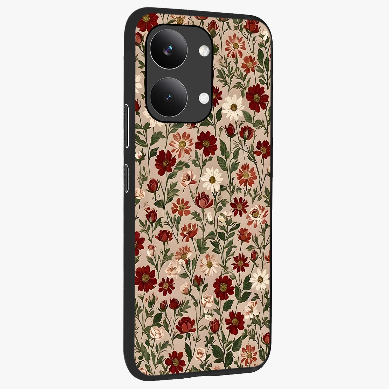 Biege Flower With Leaf Glass Case upright view showcasing delicate beige flower illustration with clean botanical style.
