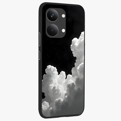 Black Background With White Cloud Glass Case upright view showcasing calm cloud aesthetic with modern minimal style.