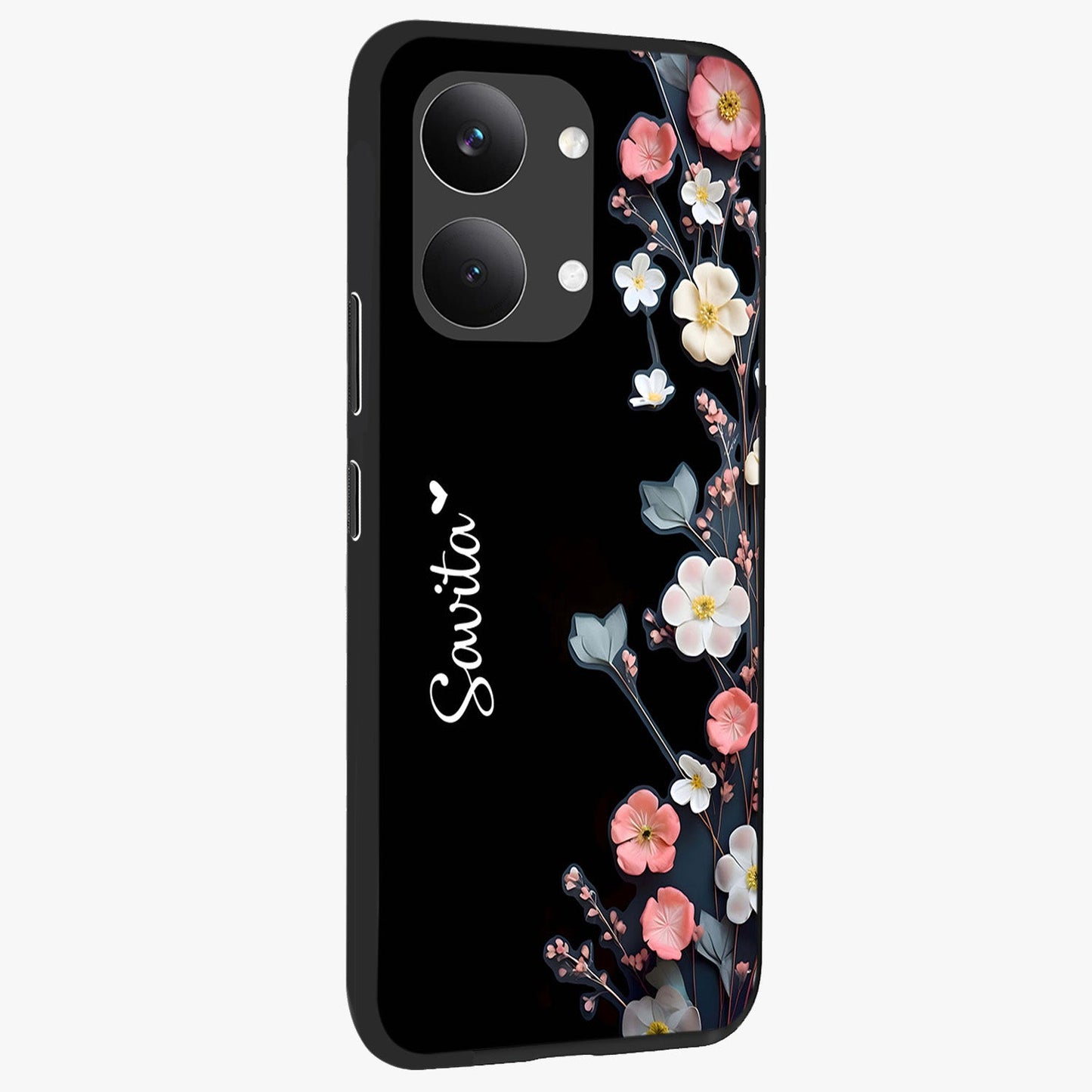 Black Elegance Floral Custom Name Glass Case upright view showcasing luxurious black floral design with personalized name detail.