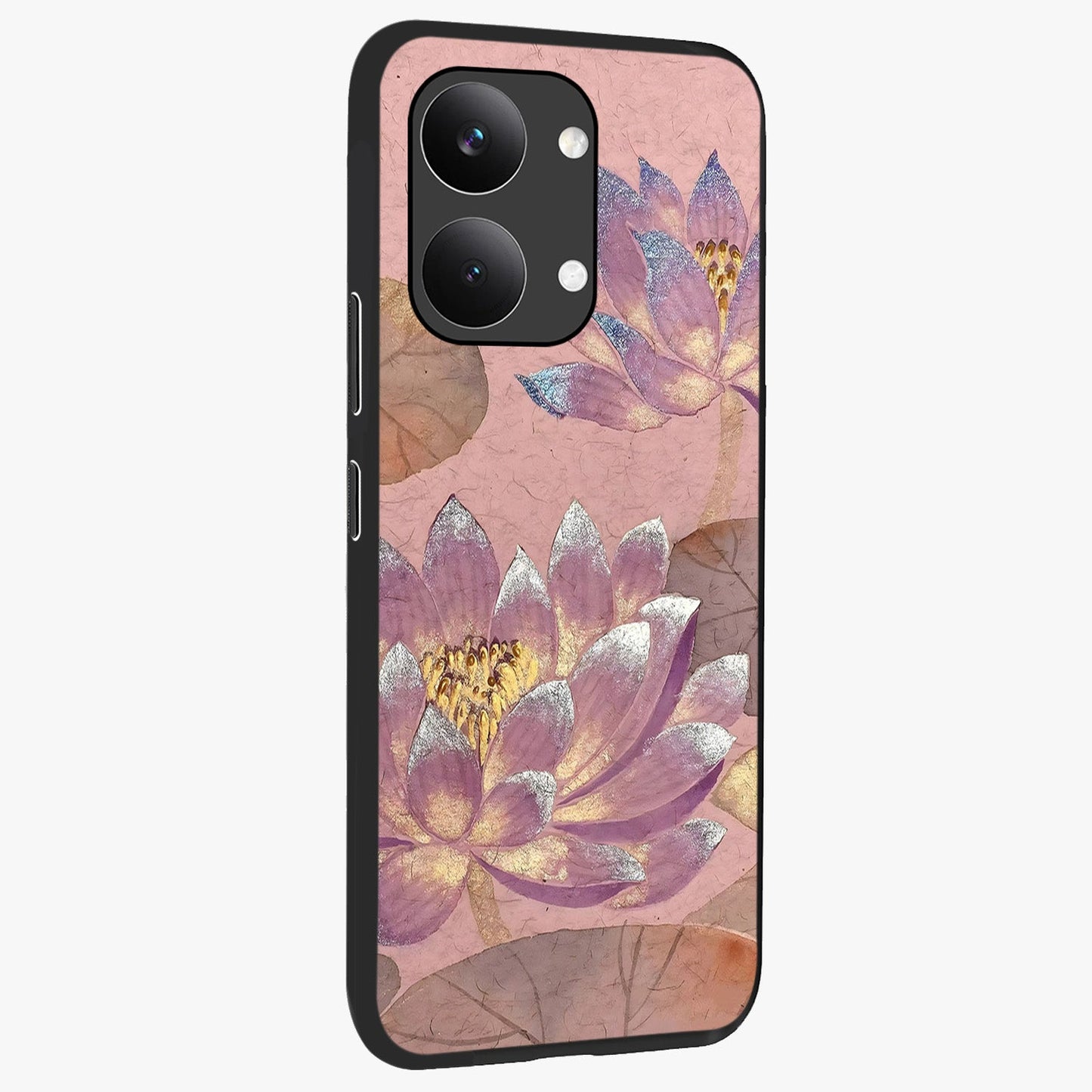 Blossom Mist Lotus Glass Case upright view showcasing graceful lotus flower design with peaceful botanical style.