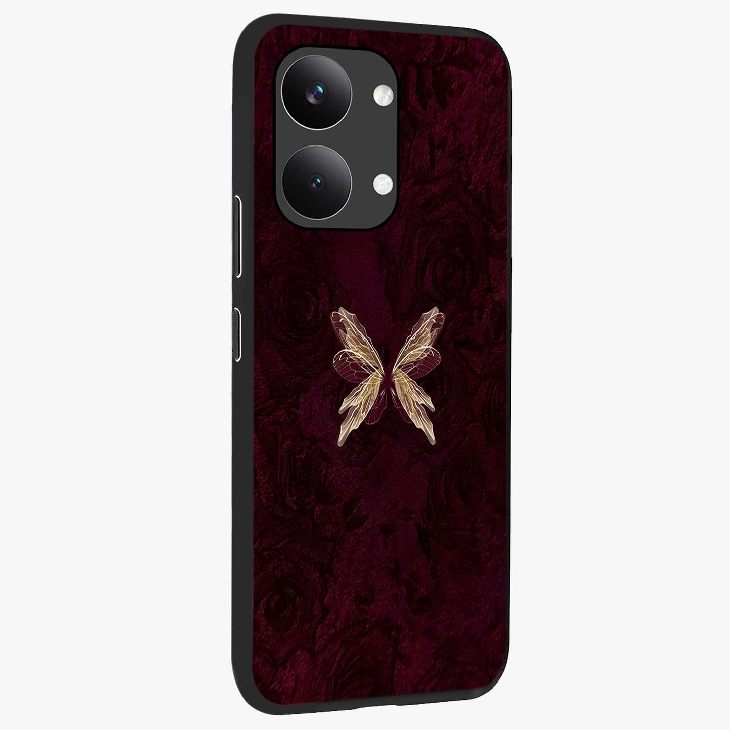 Crimson Fade Butterfly Glass Case upright view showcasing graceful butterfly artwork with soft crimson fade effect.