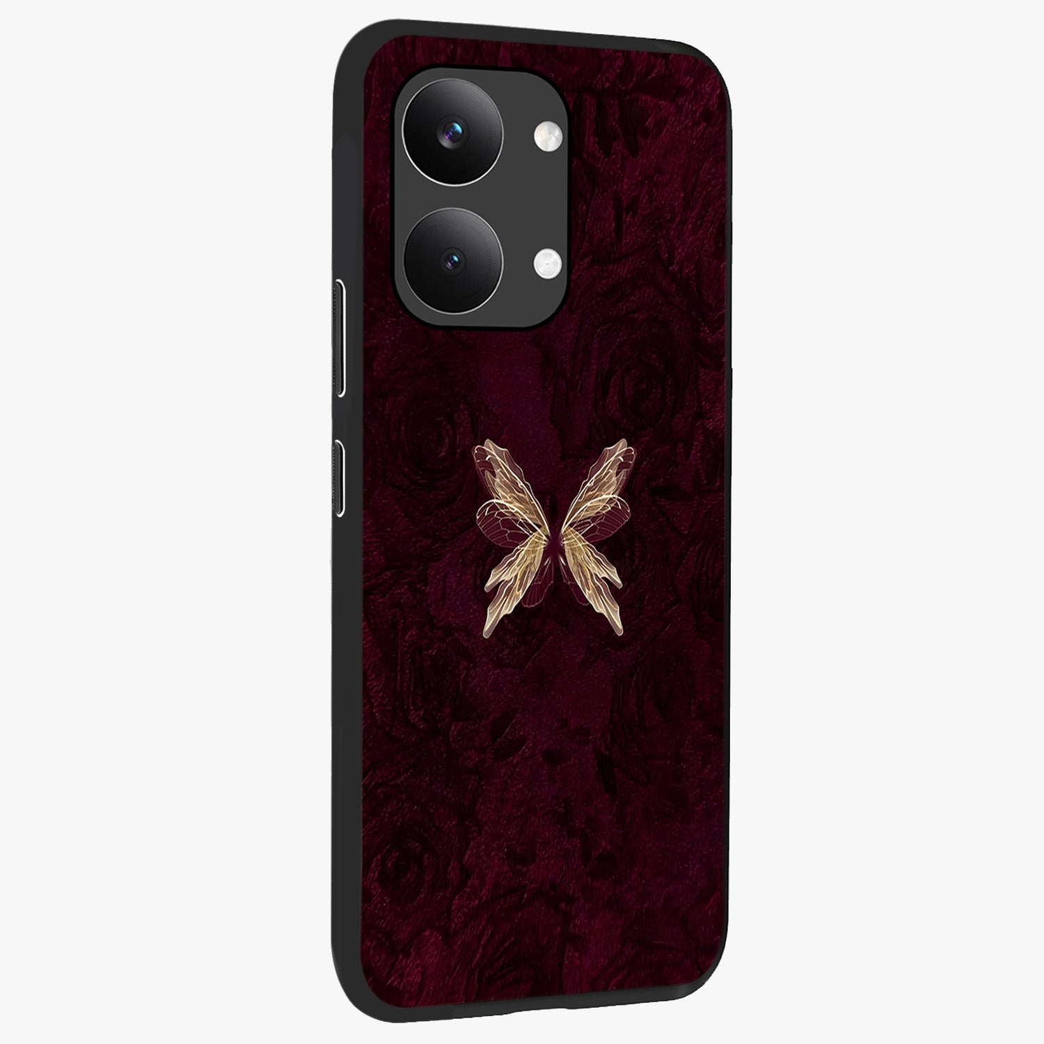 Crimson Fade Butterfly Glass Case upright view showcasing graceful butterfly artwork with soft crimson fade effect.