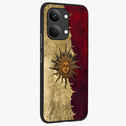 Crimson Sun Majesty Glass Case upright view showcasing vibrant sun artwork with powerful celestial theme.