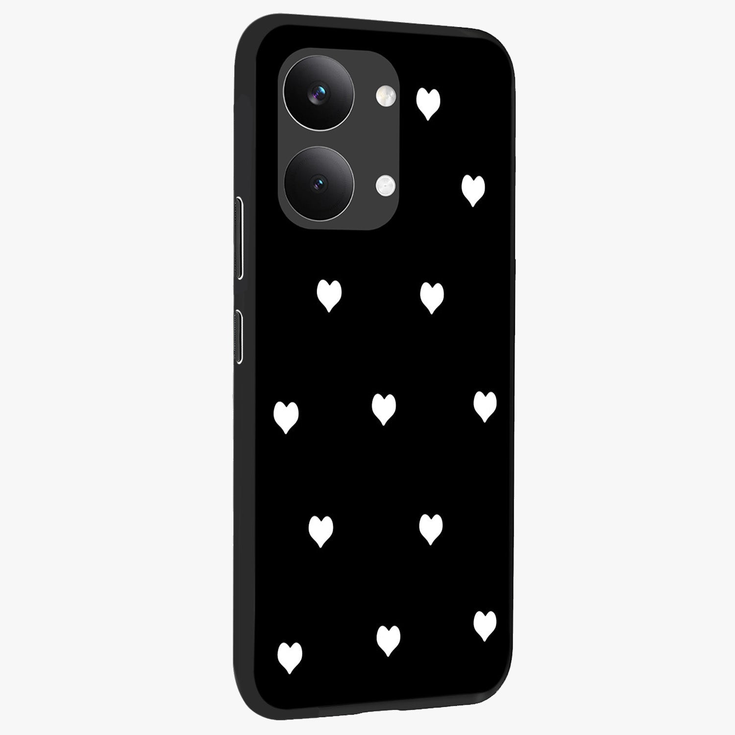 Cute And Simple White Hearts Glass Case upright view showcasing simple white hearts artwork with soft minimal theme.