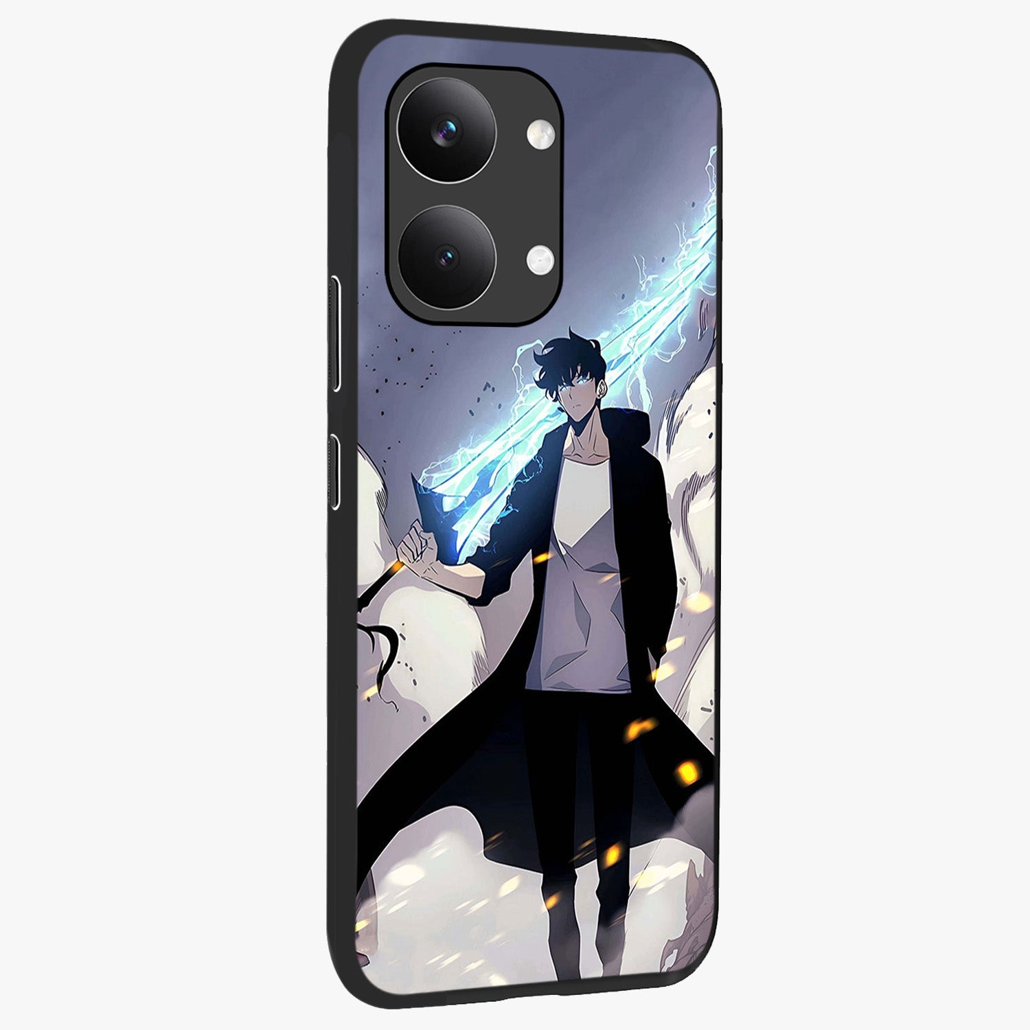 Dark Lightning Anime Warrior Glass Case upright view showcasing dramatic warrior artwork with dark lightning aesthetic.