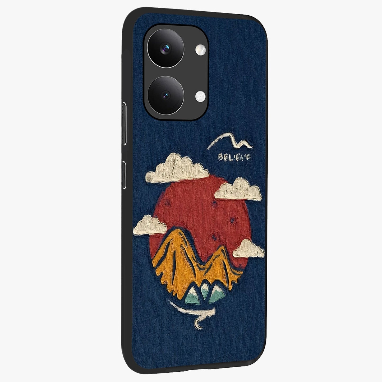 Dream Beyond Mountains Glass Case upright view showcasing beautiful mountain scenery with inspirational nature theme.