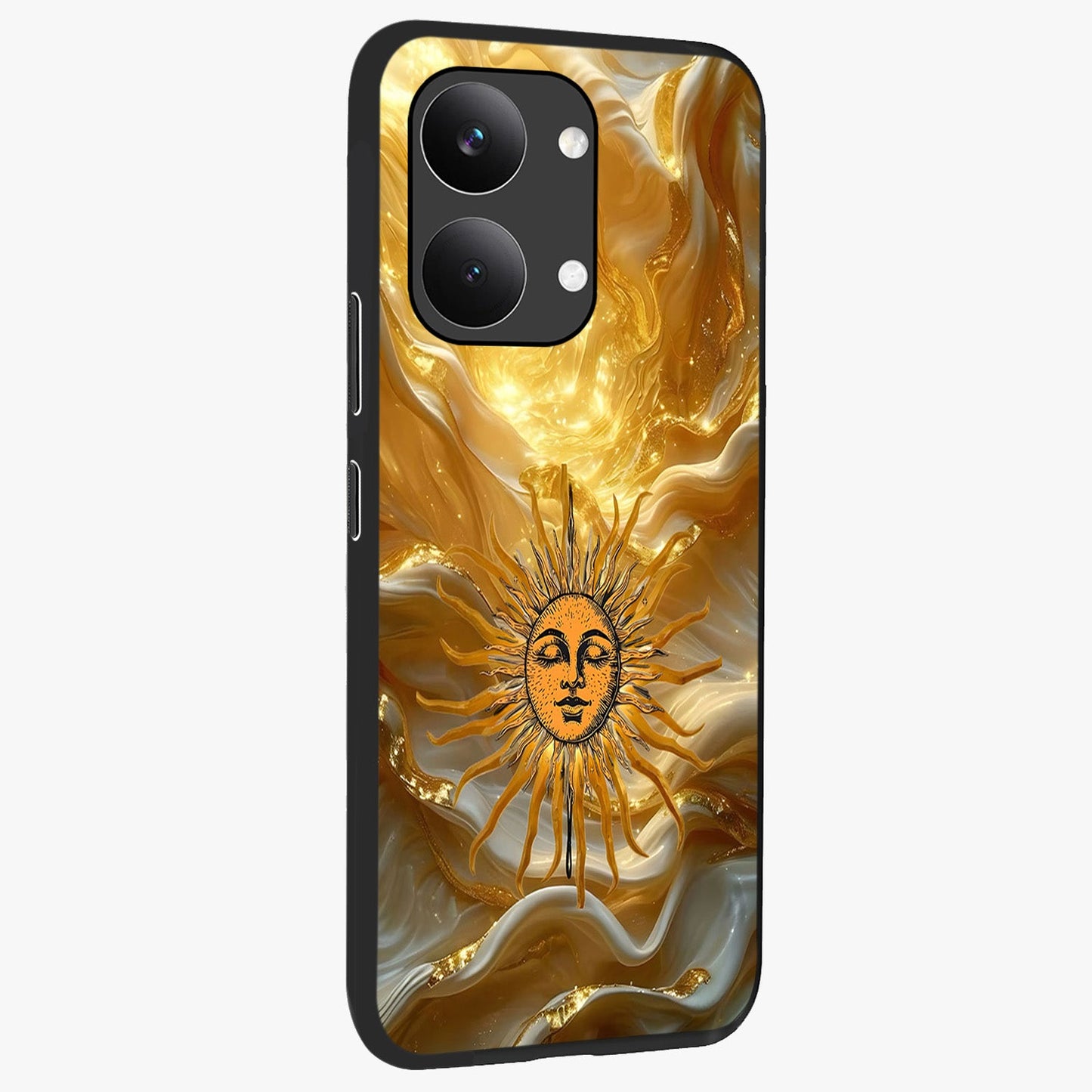 Eternal Golden Glow Glass Case upright view showcasing luminous golden artwork with luxurious visual theme.