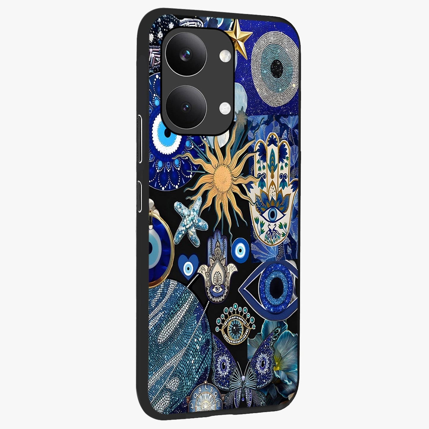 Evil Eye Charm Mix Glass Case upright view showcasing mystical evil eye pattern with vibrant decorative style.