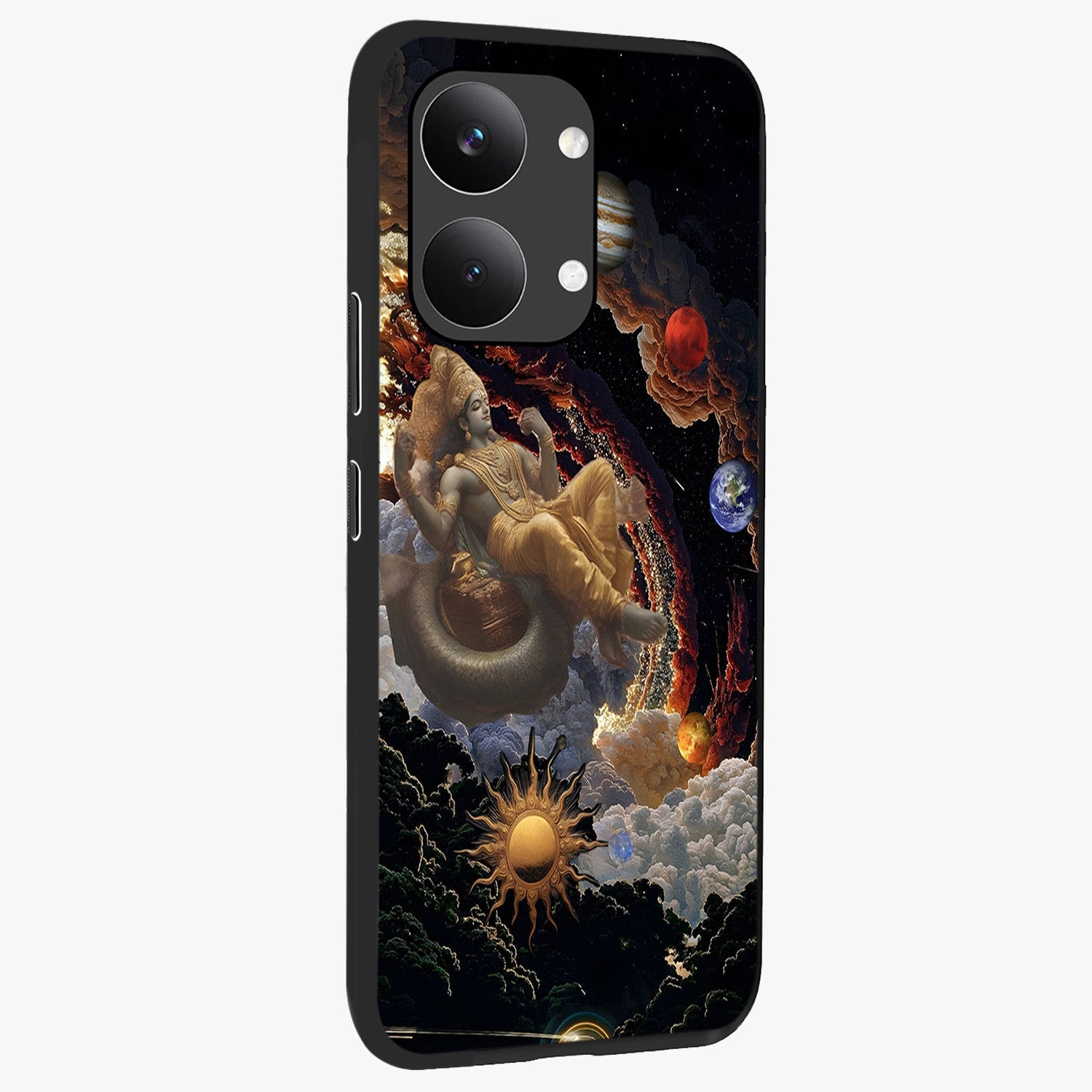 Galactic Divine God Glass Case upright view showcasing mystical divine artwork with dramatic cosmic theme.
