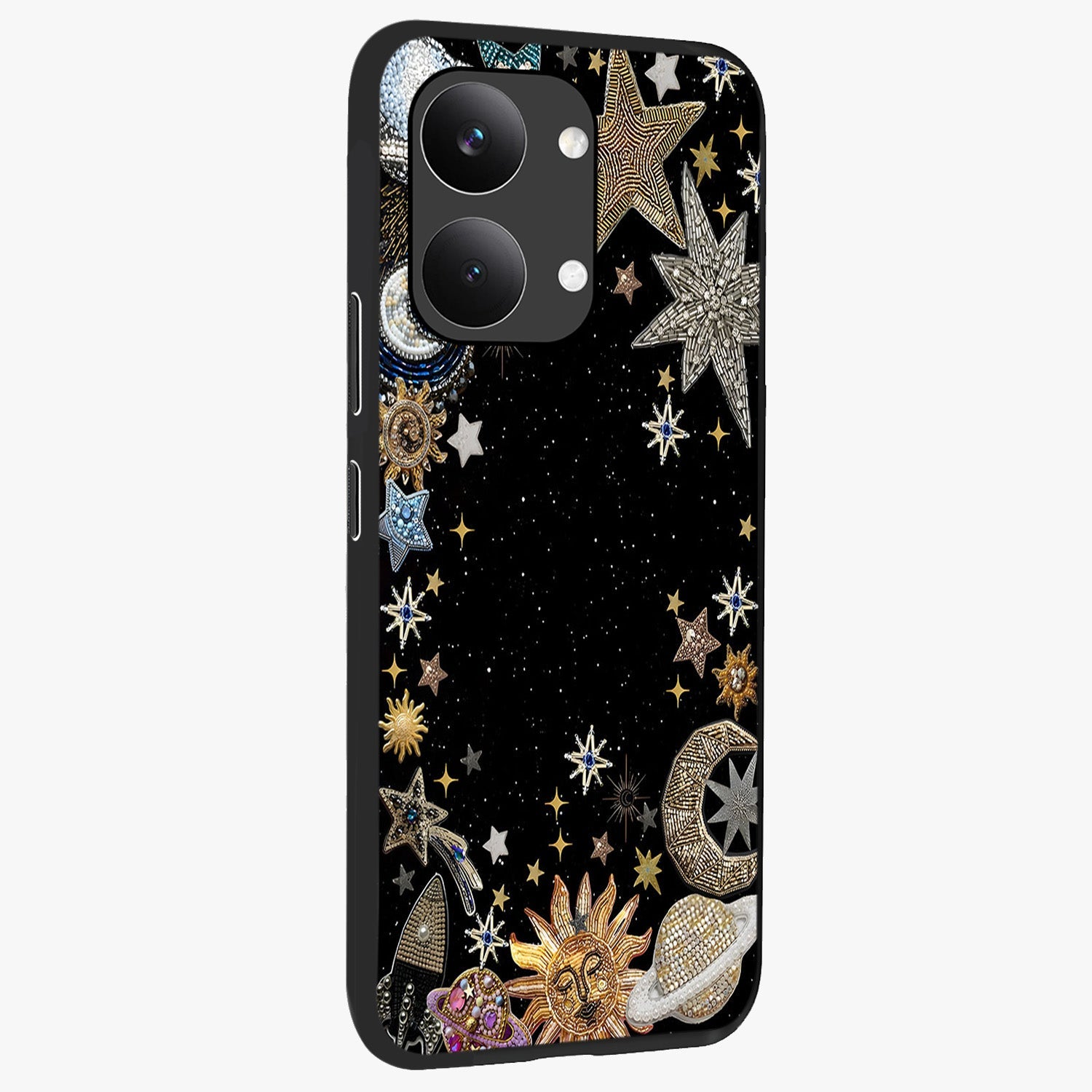Galactic Jewel Stars Glass Case upright view showcasing glittering star jewel artwork with vibrant galaxy theme.