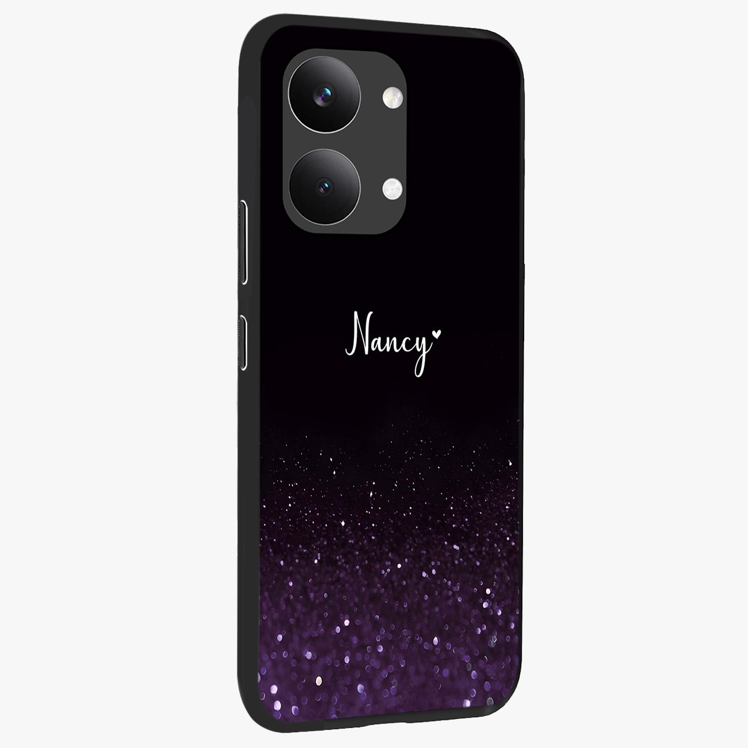 Glittery Purple Bokeh Custom Name Glass Case upright view showcasing vibrant purple sparkle artwork with personalized aesthetic style.