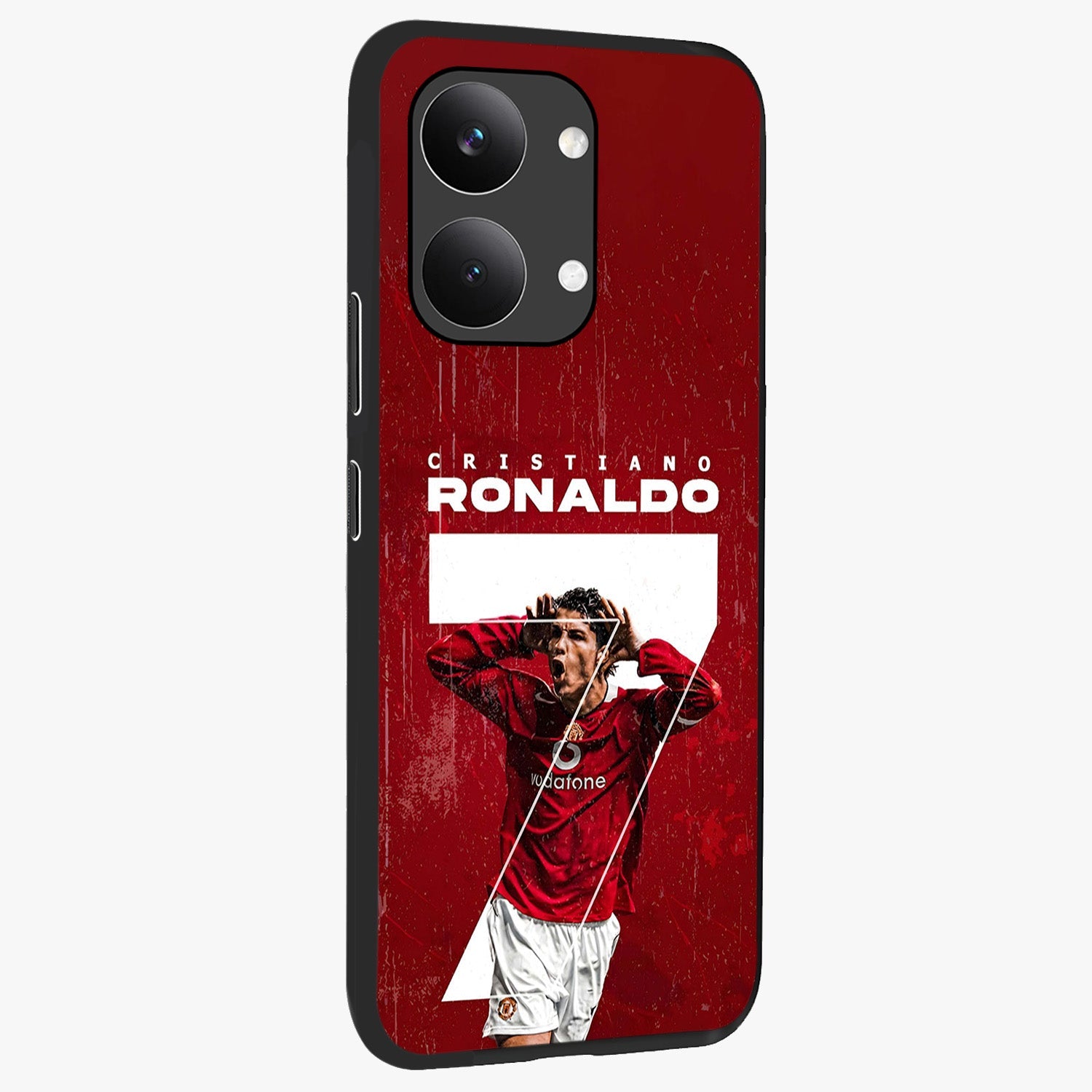 Goal Celebration Legacy Glass Case upright view showcasing dynamic football inspired artwork with victory celebration aesthetic.