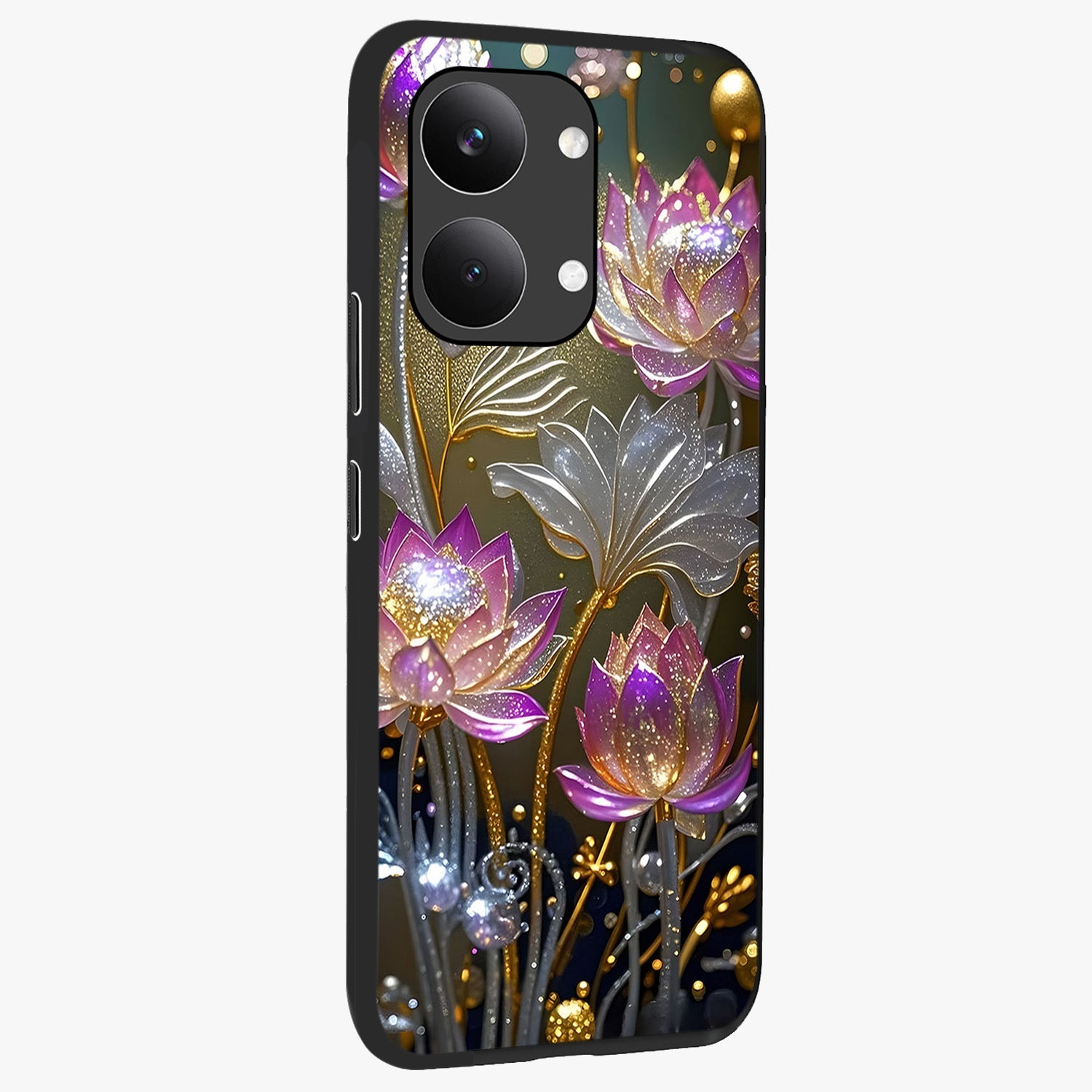 Golden Floral Majesty Glass Case upright view showcasing majestic floral artwork with rich decorative theme.