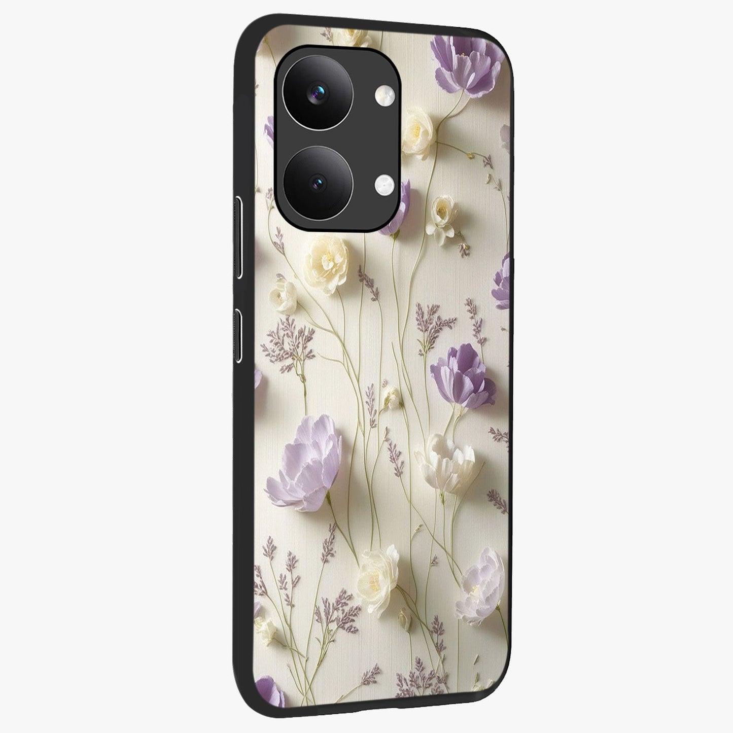 Lilac Breeze Harmony Glass Case upright view showcasing delicate lilac artwork with peaceful floral theme.