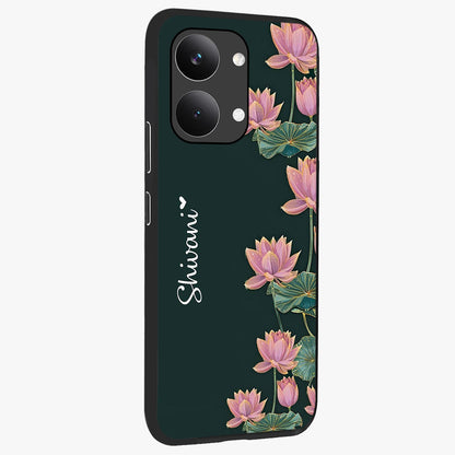 Lotus Bloom Serenity Custom Name Glass Case upright view showcasing serene lotus bloom artwork with personalized floral aesthetic.