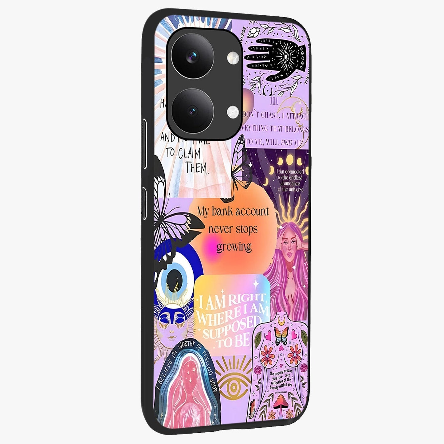 Manifestation Collage Glass Case upright view showcasing artistic manifestation themed artwork with creative style.