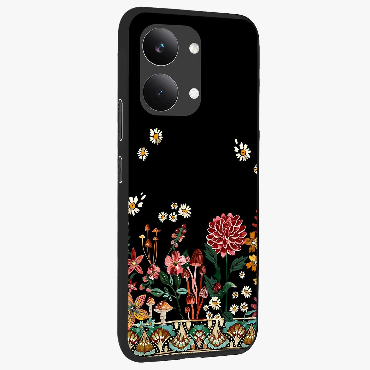 Midnight Bloom Pattern Glass Case upright view showcasing decorative floral artwork with deep night themed palette.