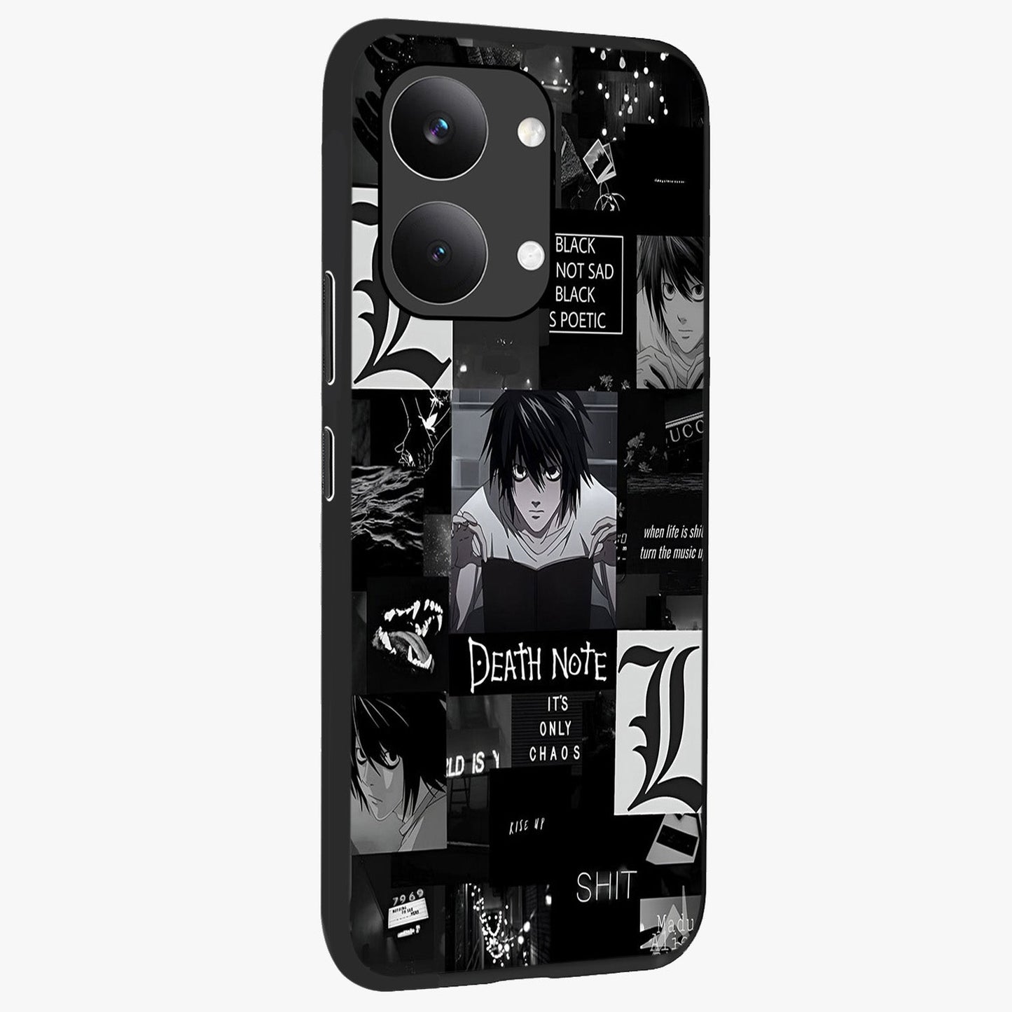 Midnight Chaos Mind Glass Case upright view showcasing expressive abstract artwork with bold dark theme.