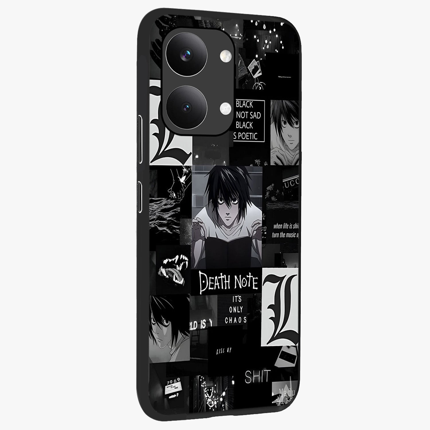 Midnight Chaos Mind Glass Case upright view showcasing expressive abstract artwork with bold dark theme.