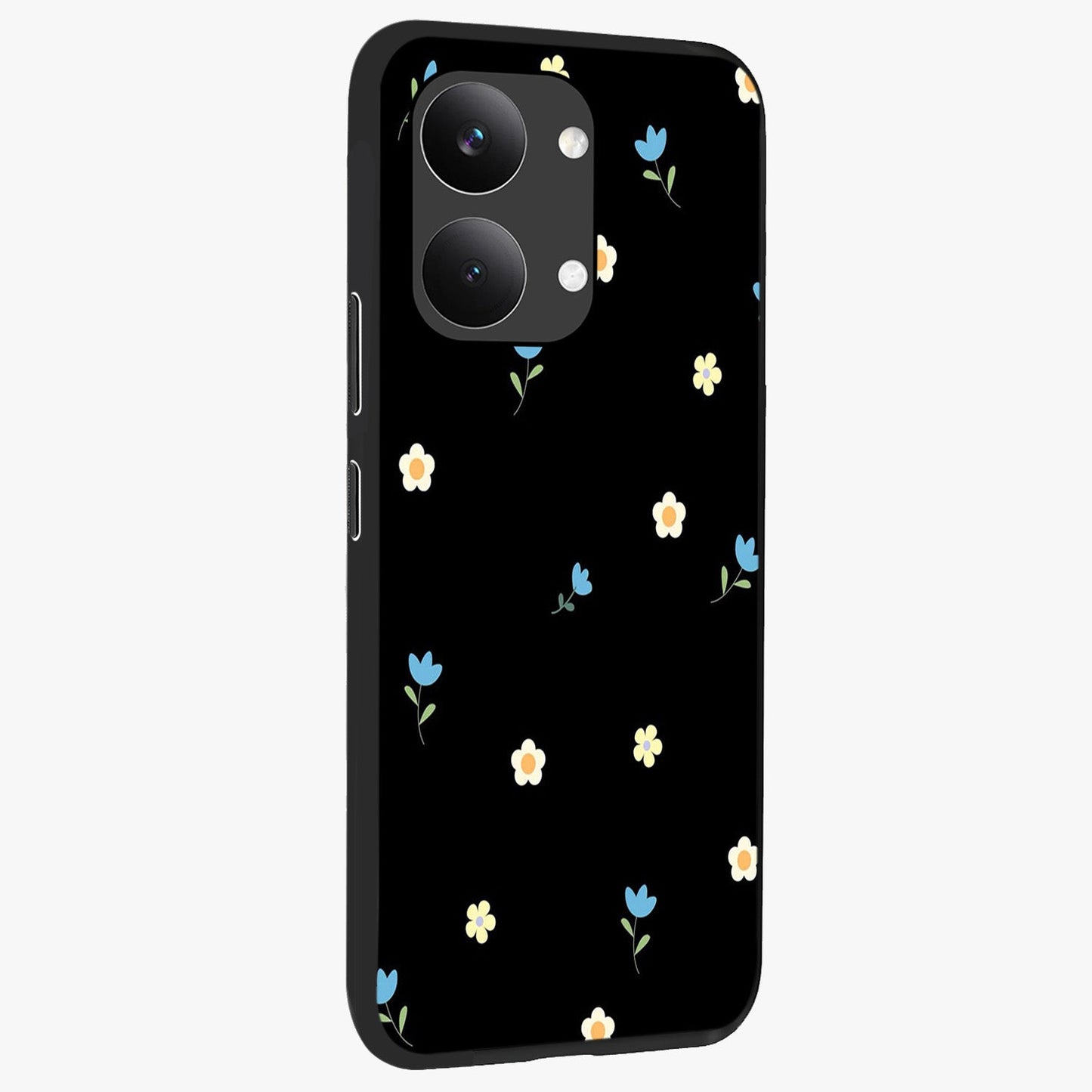 Minimal Petal Whispers Glass Case upright view showcasing elegant floral artwork with modern minimalist style.