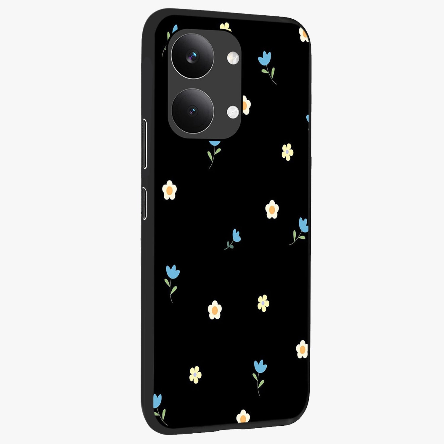 Minimal Petal Whispers Glass Case upright view showcasing elegant floral artwork with modern minimalist style.