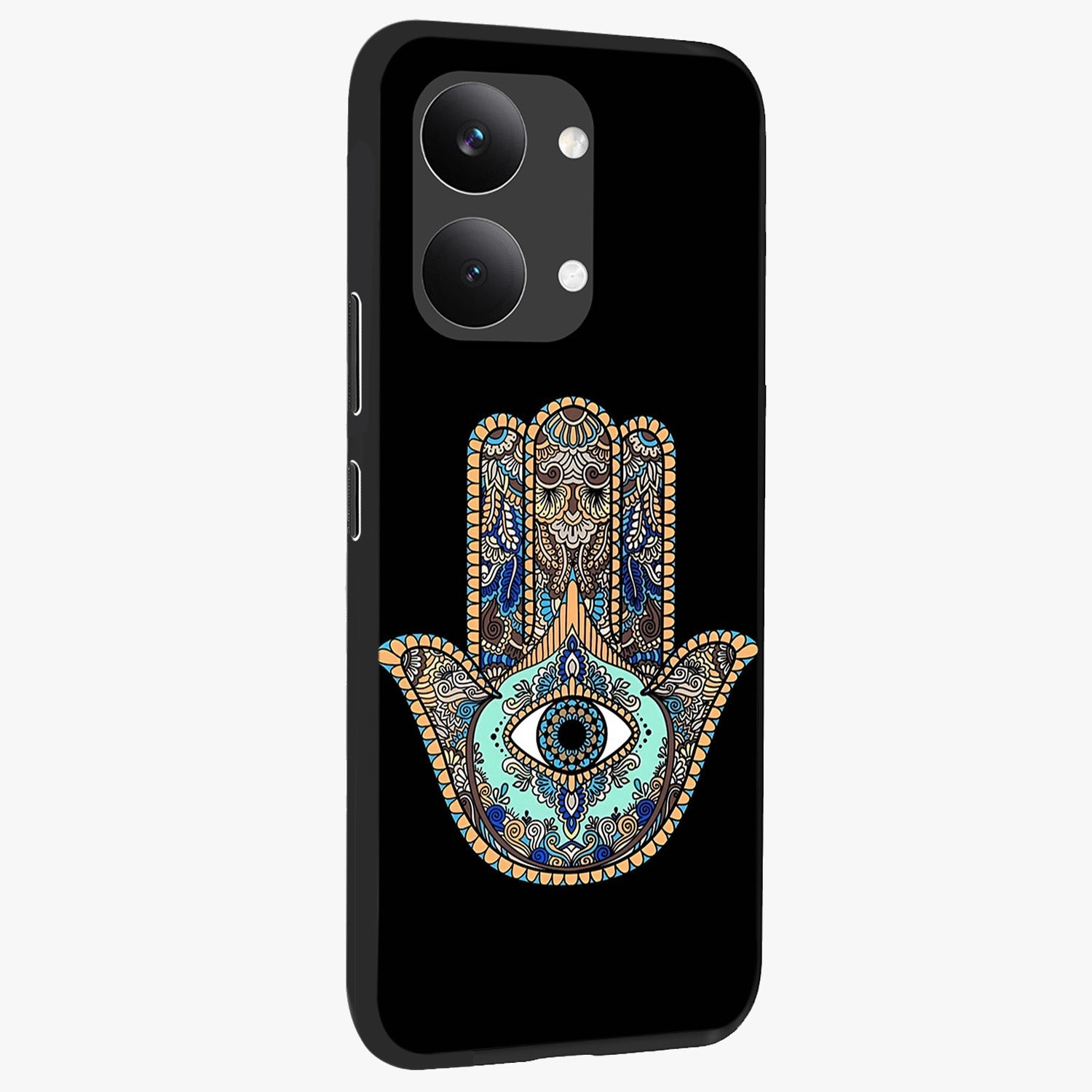 Mystic Hamsa Eye Glass Case upright view showcasing detailed hamsa eye artwork with protective spiritual theme.