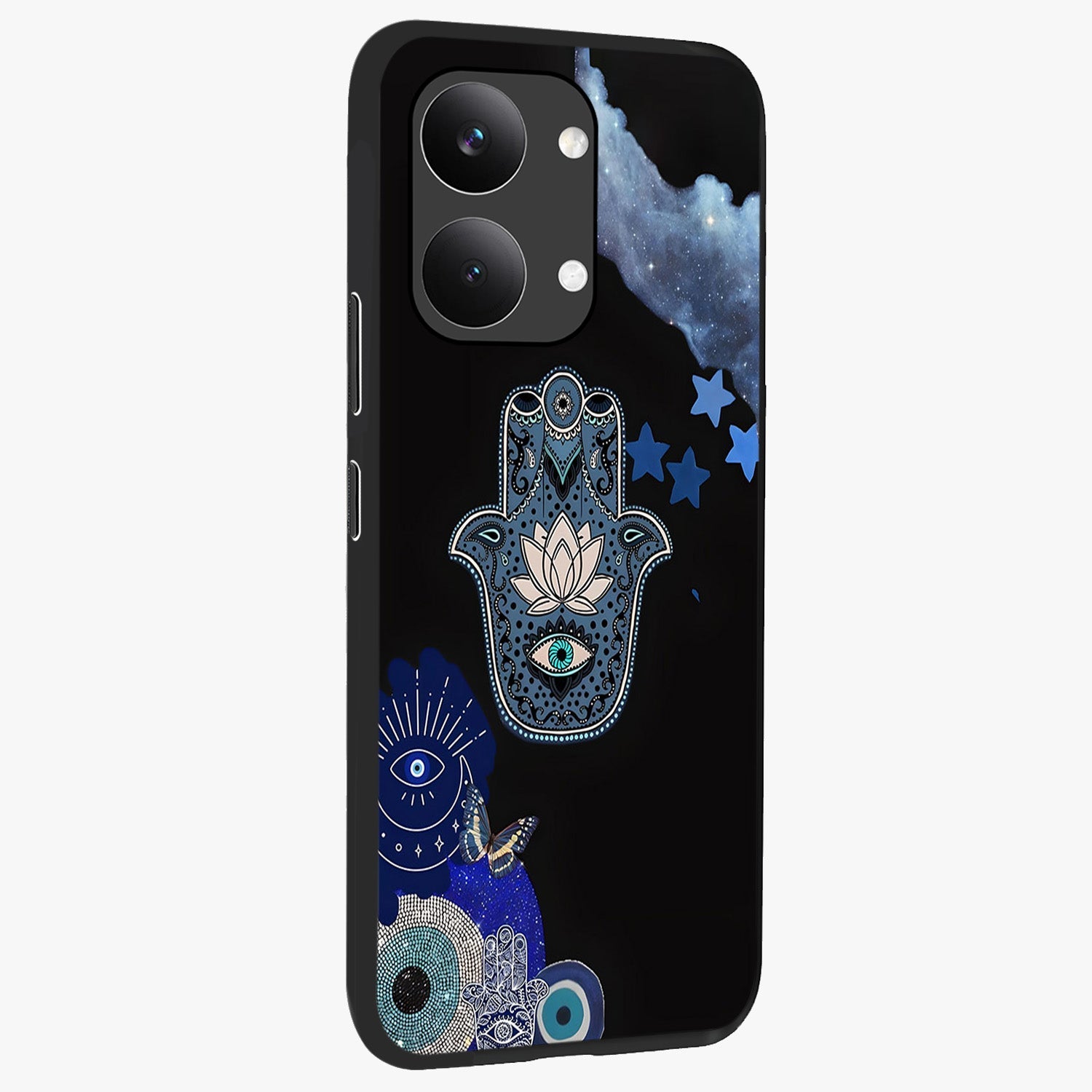 Mystic Hand Aura Glass Case upright view showcasing symbolic hand artwork with mystical energy theme.