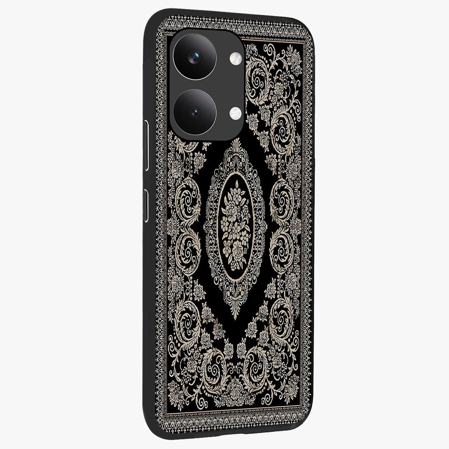 Noir Bloom Elegance Glass Case upright view showcasing graceful floral artwork with luxurious dark theme.
