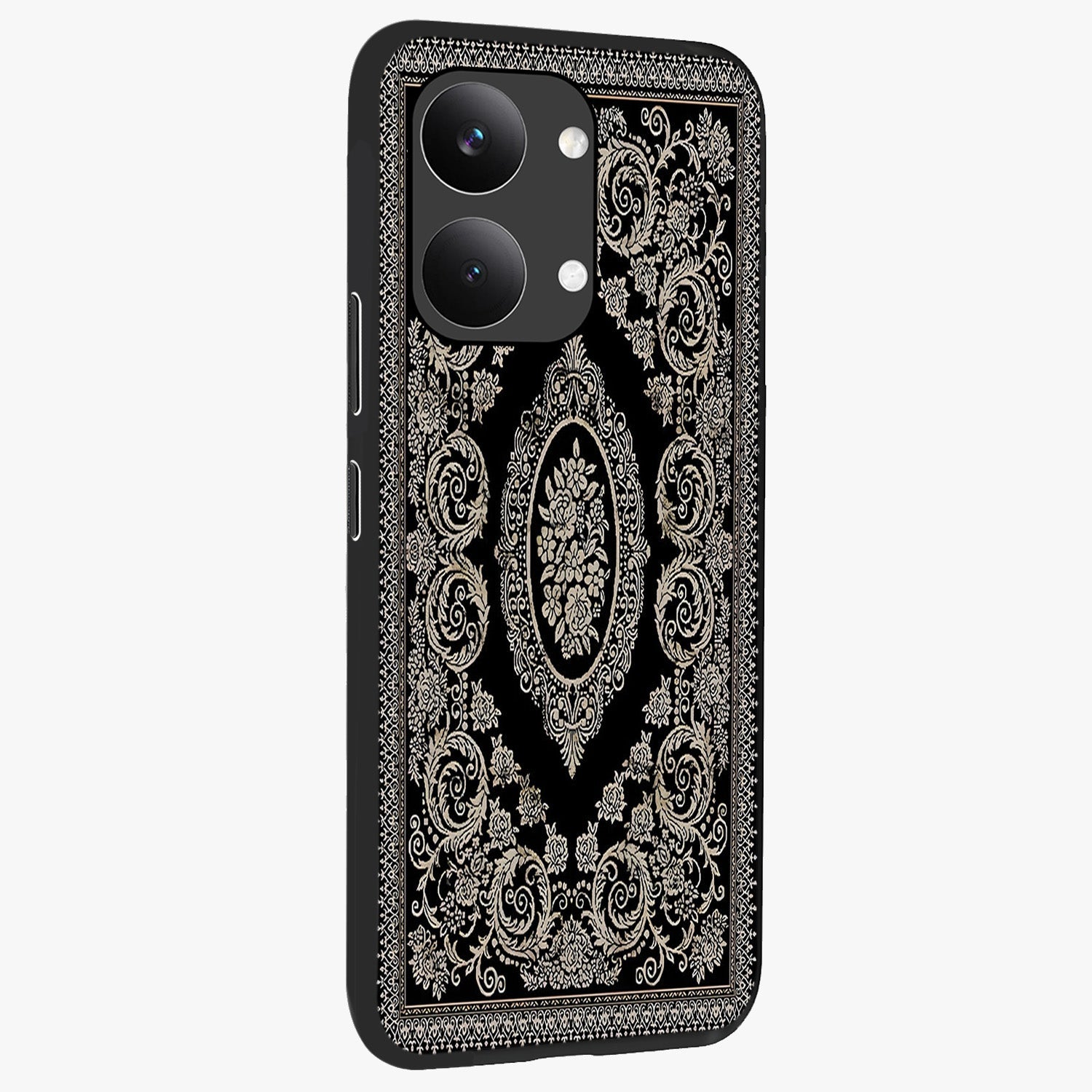 Noir Bloom Elegance Glass Case upright view showcasing graceful floral artwork with luxurious dark theme.