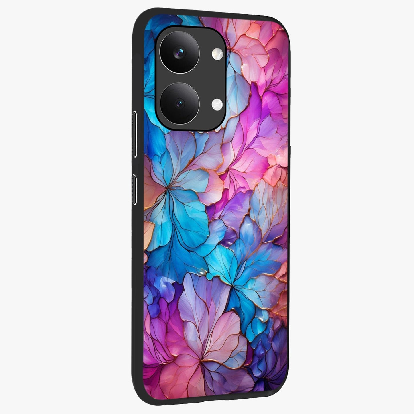 Radiant Floral Whirl Glass Case upright view showcasing lively floral artwork with decorative swirl theme.