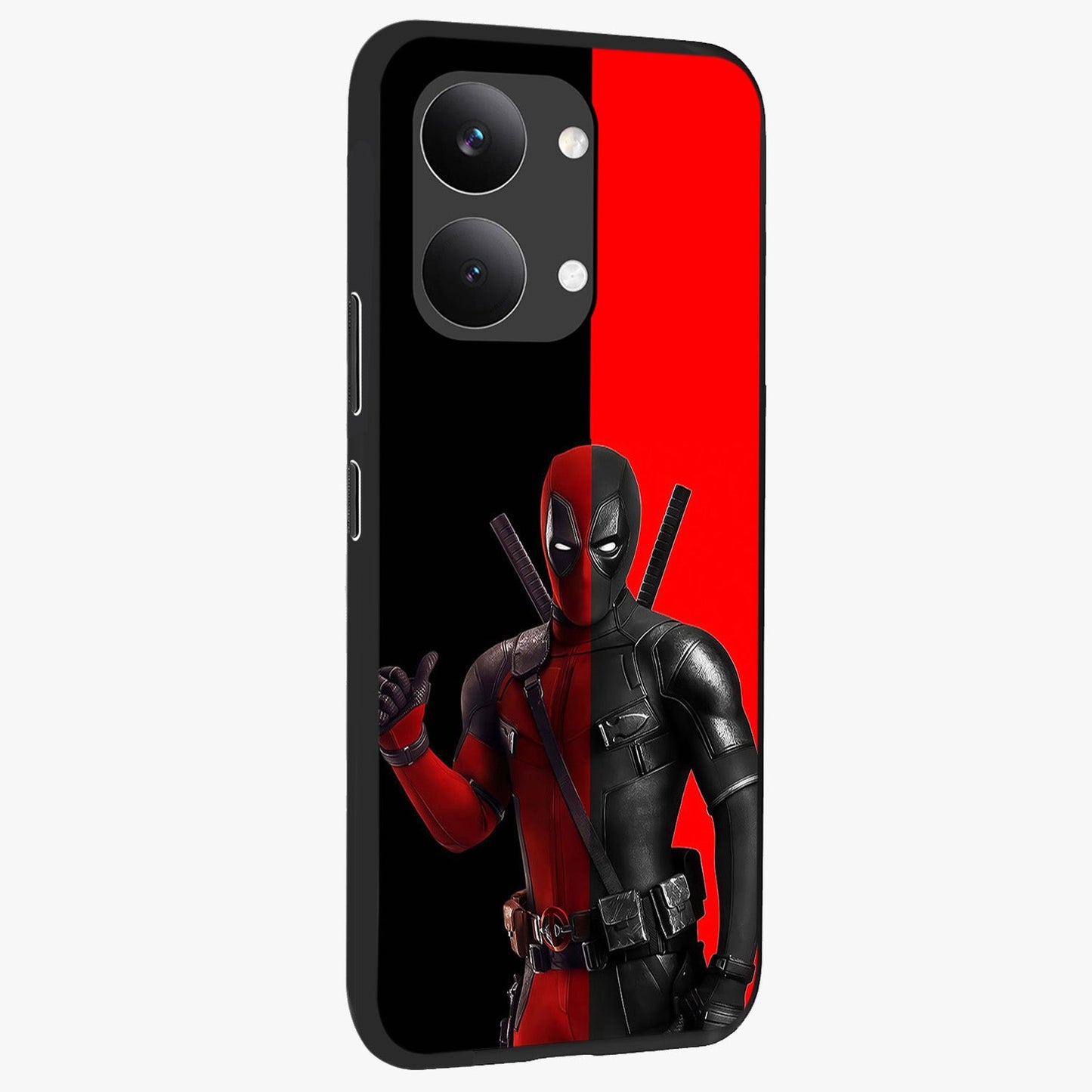 Red & Black Deadpool Theme Glass Case upright view showcasing energetic comic themed artwork with striking red and black design.