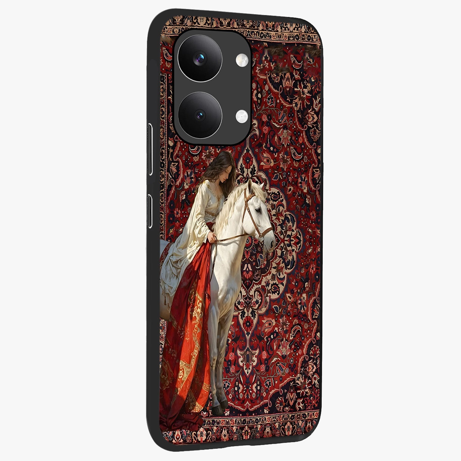 Royal Rider Tapestry Glass Case upright view showcasing detailed rider artwork with classic tapestry theme.