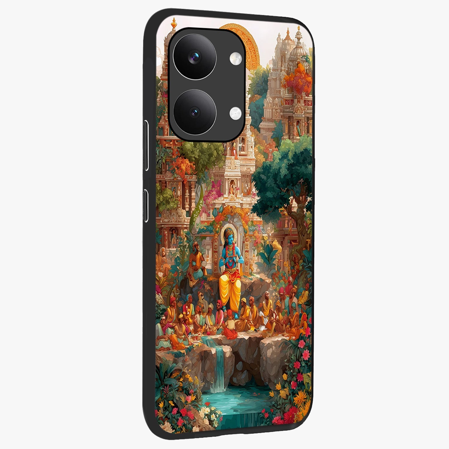 Sacred Sunlight Gods Glass Case upright view showcasing glowing divine artwork with sacred mythological theme.