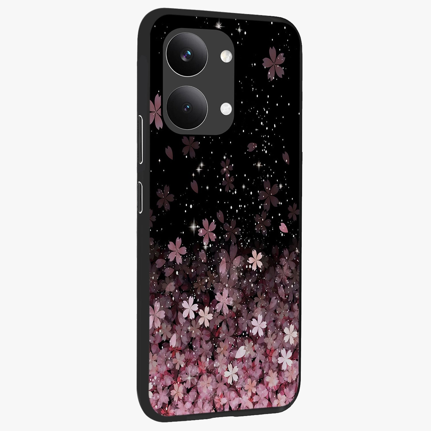 Small Starry Flowers Glass Case upright view showcasing charming floral artwork with dreamy starry theme.